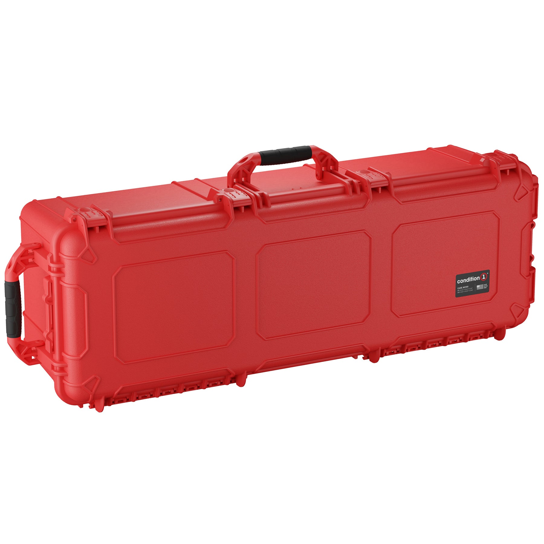 Red 45-inch long protective storage trunk with black handle, durable plastic construction, and secure latches.