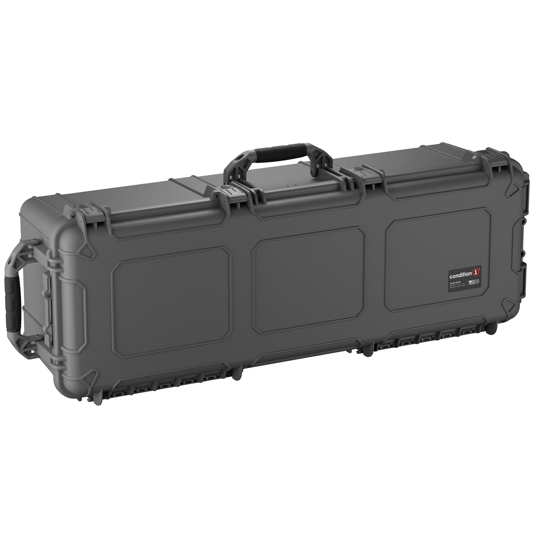 A 45-inch long, rugged gray storage trunk with a handle, secure latches, and protective corner reinforcements.