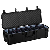 Black 45-inch long protective storage trunk with foam-padded interior and adjustable compartments for organization.