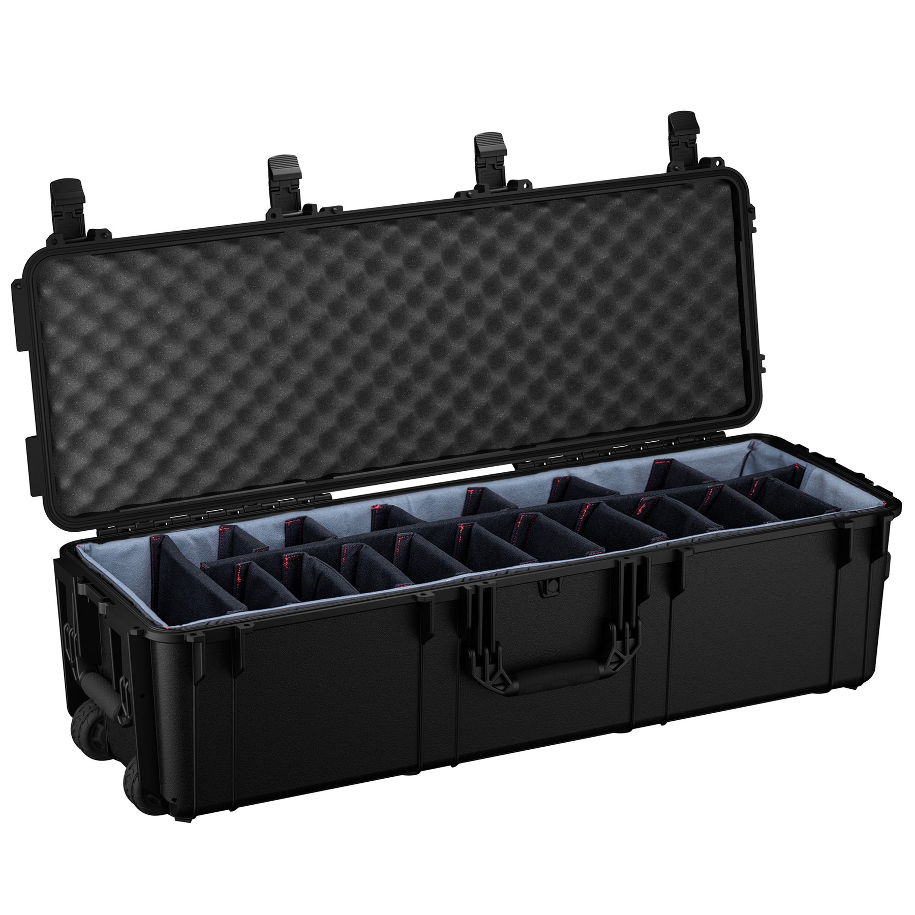 Black 45-inch long protective storage trunk with foam-padded interior and adjustable compartments for organization.