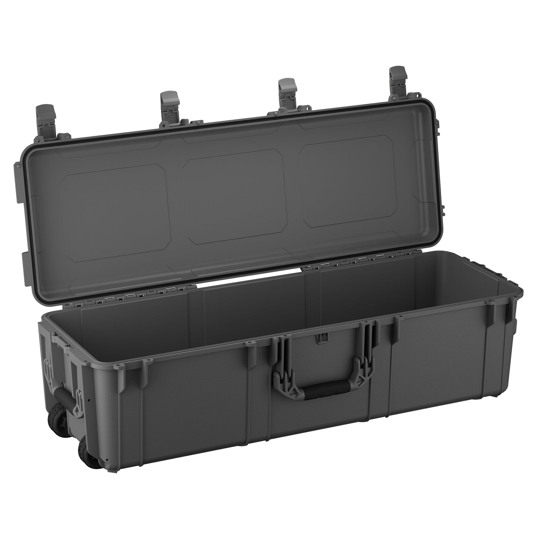 Black 45-inch long storage trunk with wheels, open lid, and multiple compartments for organization.