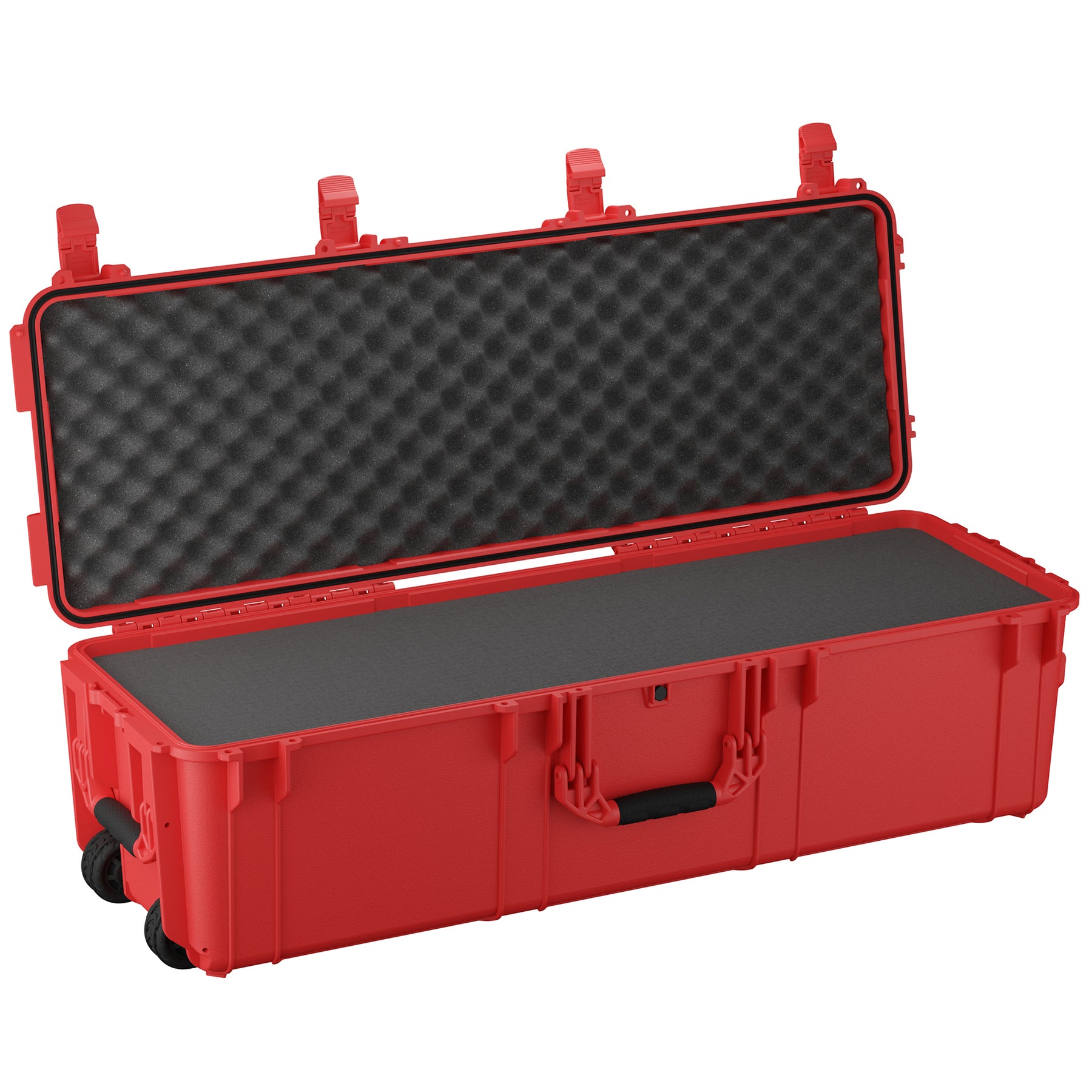 Red 45-inch long storage trunk with foam padding and secure latches, ideal for equipment or gear storage.