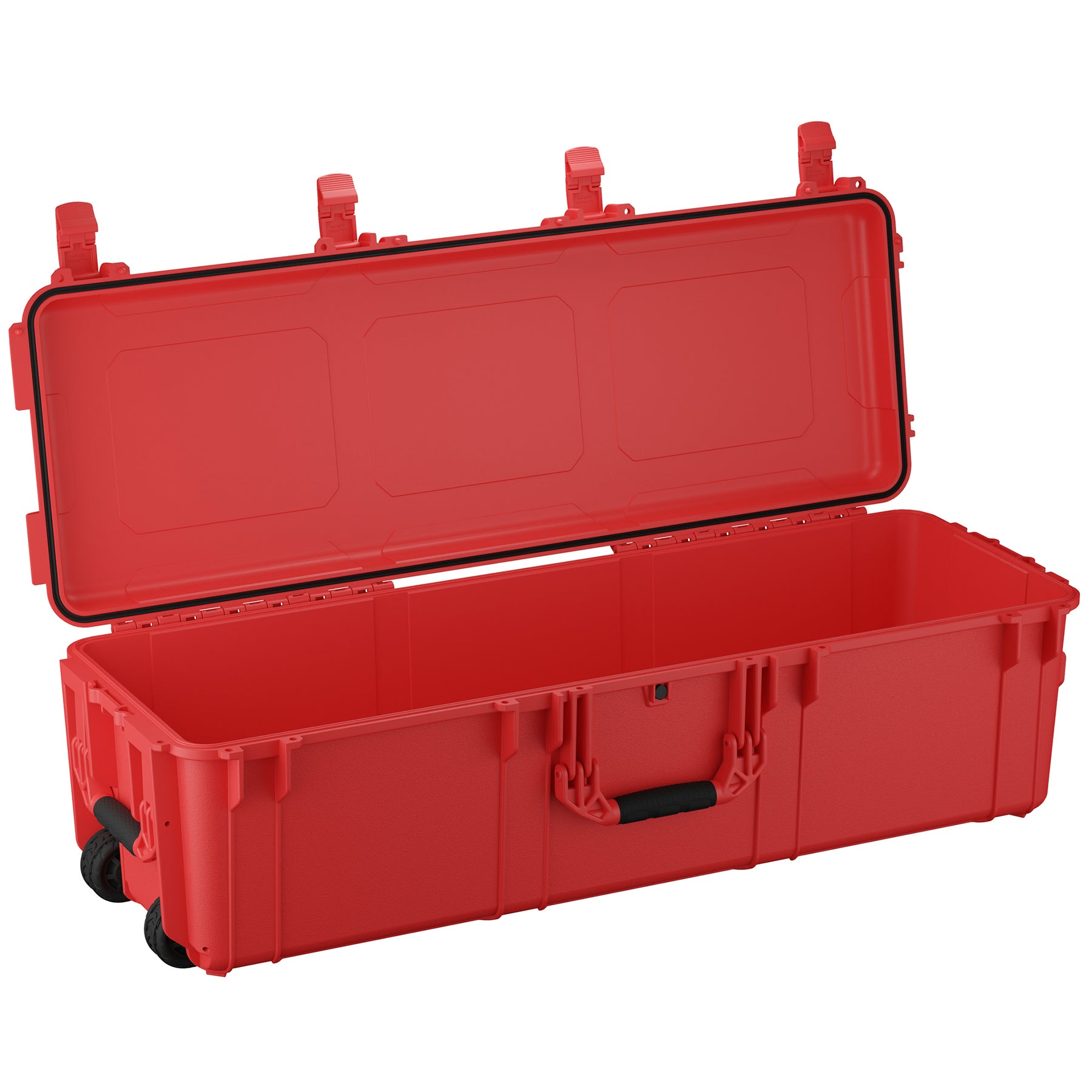 Red 45-inch long storage trunk with wheels, handle, and secure latch, open to reveal spacious interior.