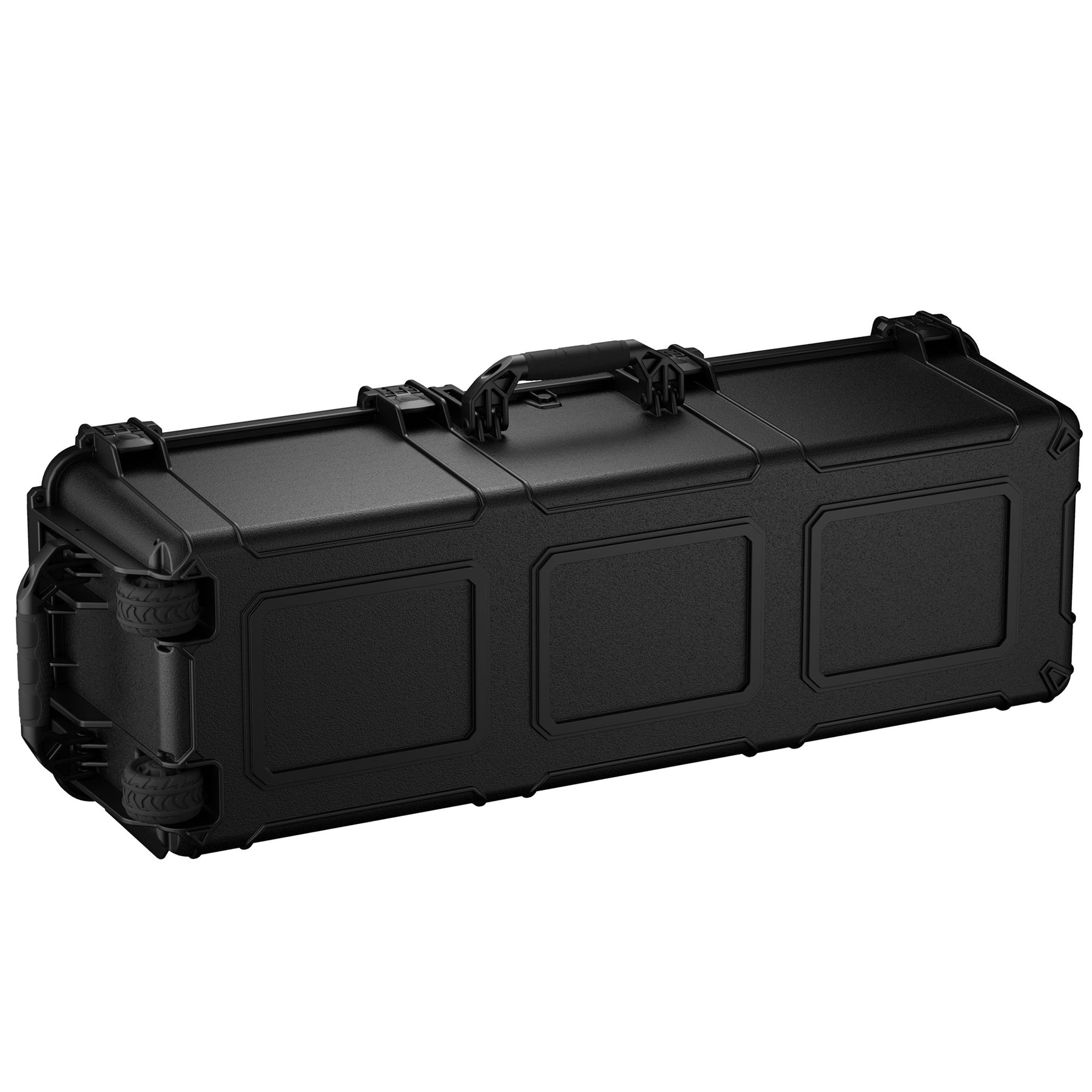 Black 45-inch 4 rifle trunk with sturdy handle, secure latches, and wheels for easy transport and storage.