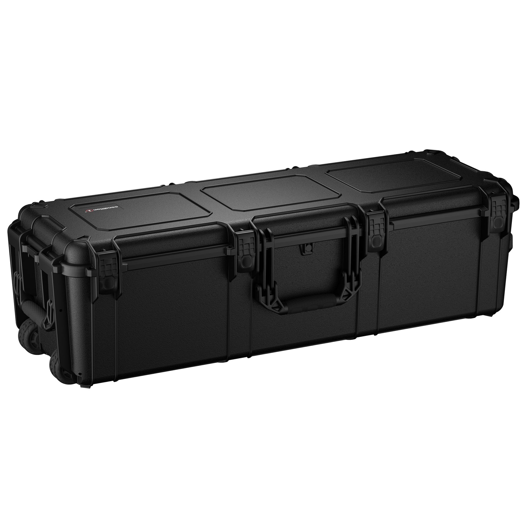 Black 45-inch long, heavy-duty protective storage trunk with wheels, latches, and handle for secure transport.