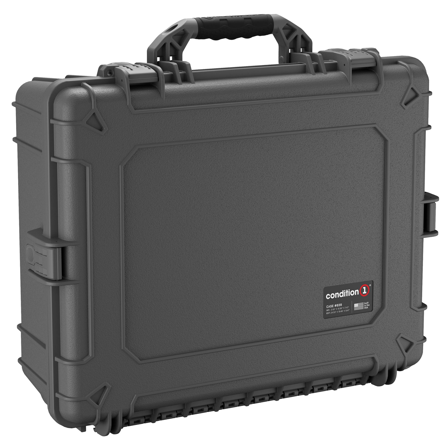 Alt text: "Gray Condition 1 hard protective case, model 839, featuring a rugged exterior, durable handle, and secure latches, ideal for storing and protecting equipment."