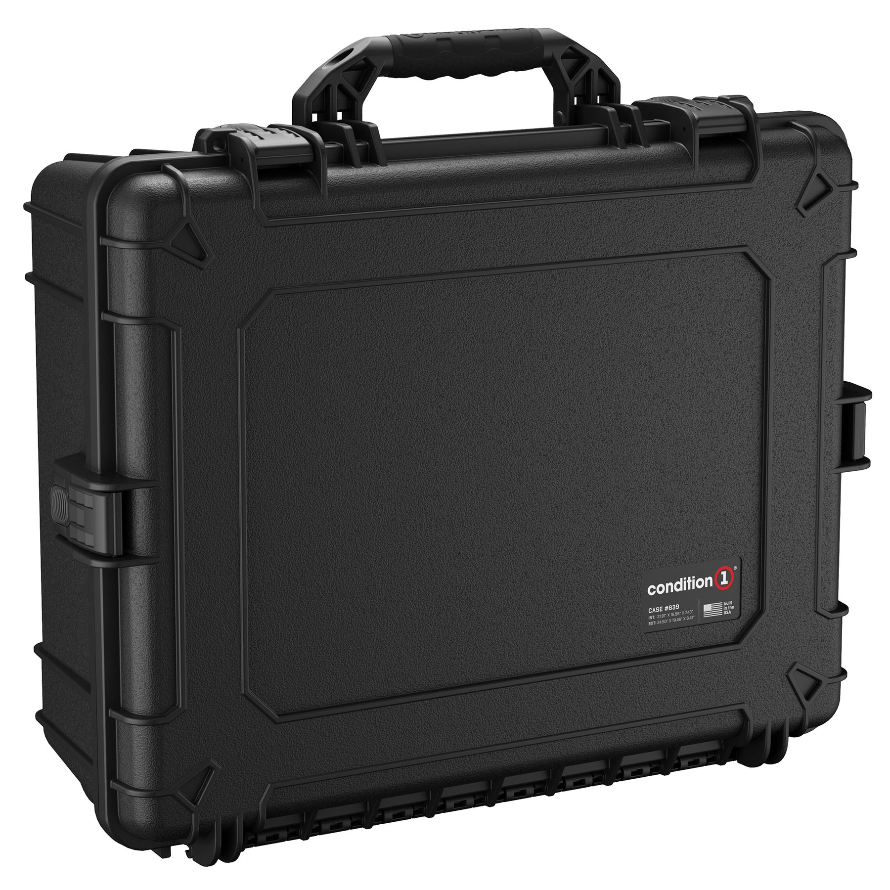 Alt text: Black, rugged 25-inch large protective hard case with handle and dual locking latches, model number 839, branded by Condition 1.
