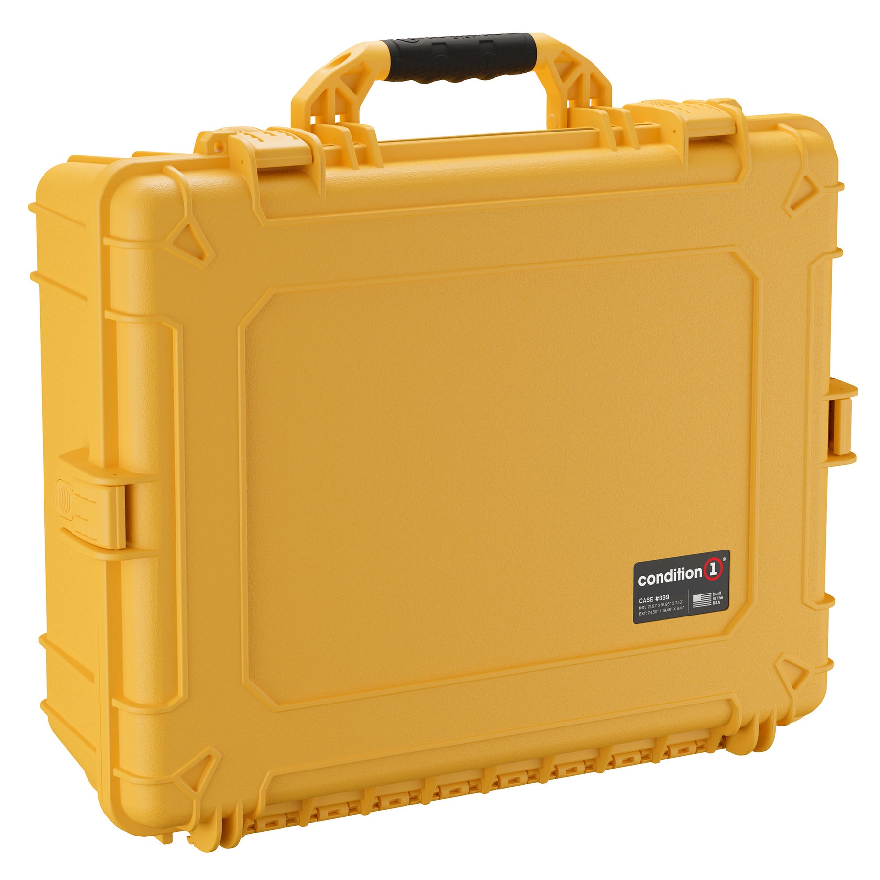 Yellow 25-inch large protective case with black handle and secure latches, designed for durable storage and transport.