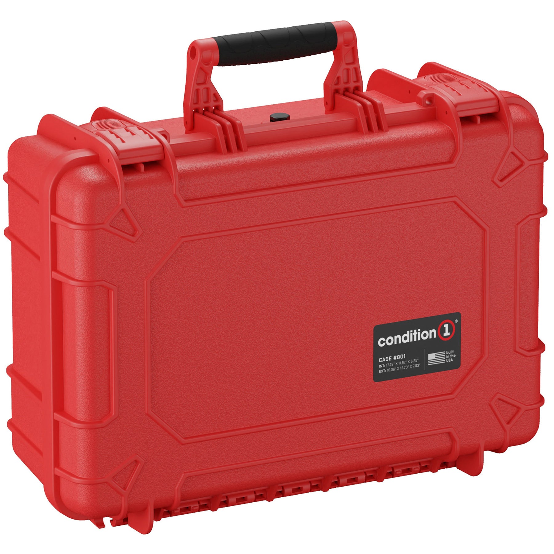 Alt text: "Red hard-shell protective case, Condition 1 brand, model number 801, measuring 18 inches, featuring a sturdy handle and secure clasps, ideal for storing and transporting sensitive equipment."