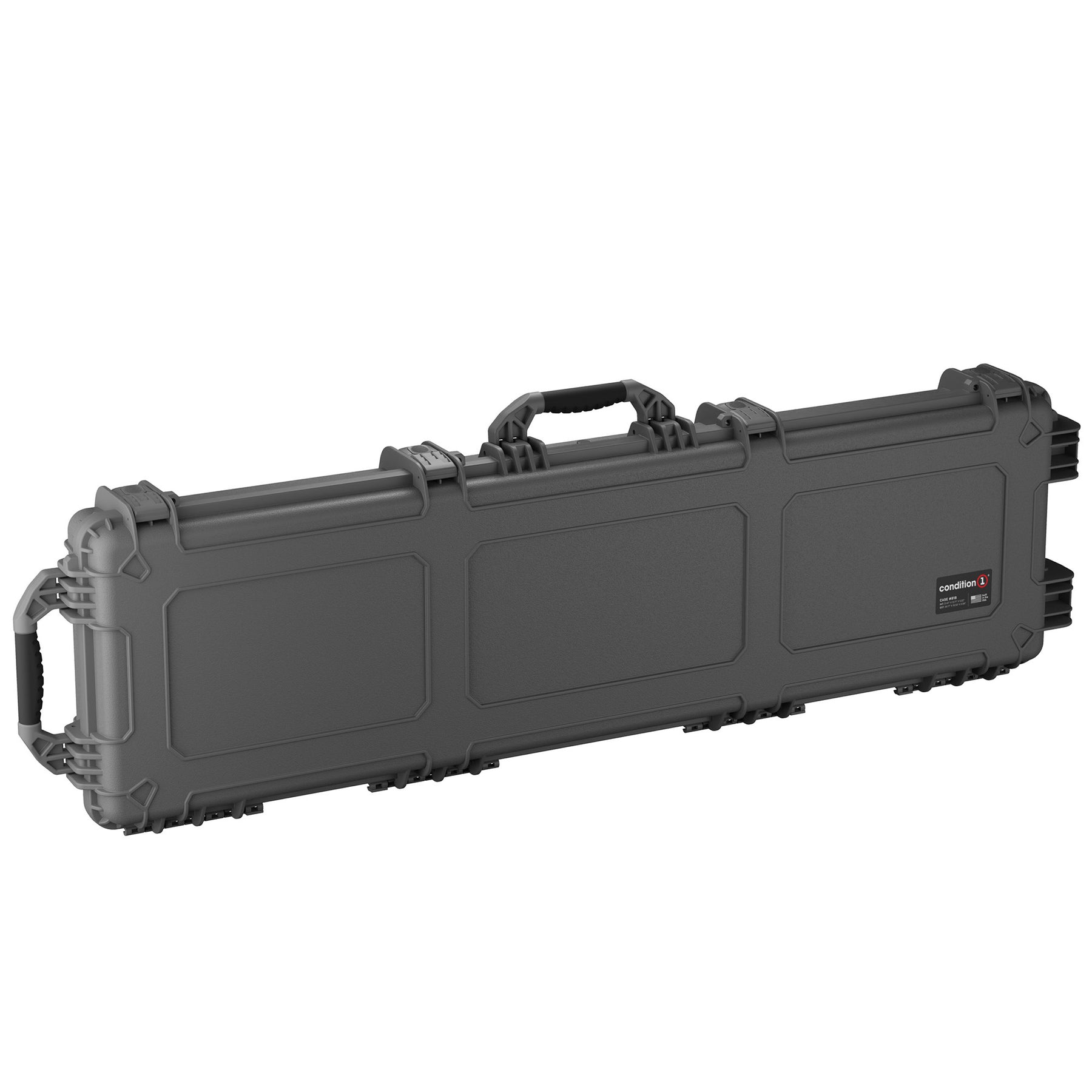 55-inch gray, hard gun case with handle and secure latches, designed for storing and transporting two rifles safely.