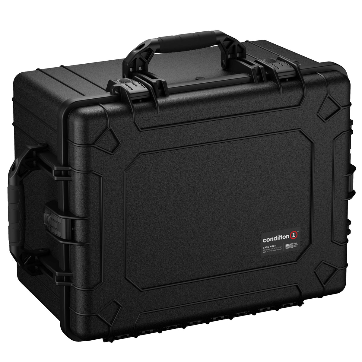 Alt text: "Black rugged protective hard case, model #024, featuring reinforced corners, sturdy dual side handles, and secure latch closures, ideal for transporting sensitive equipment."