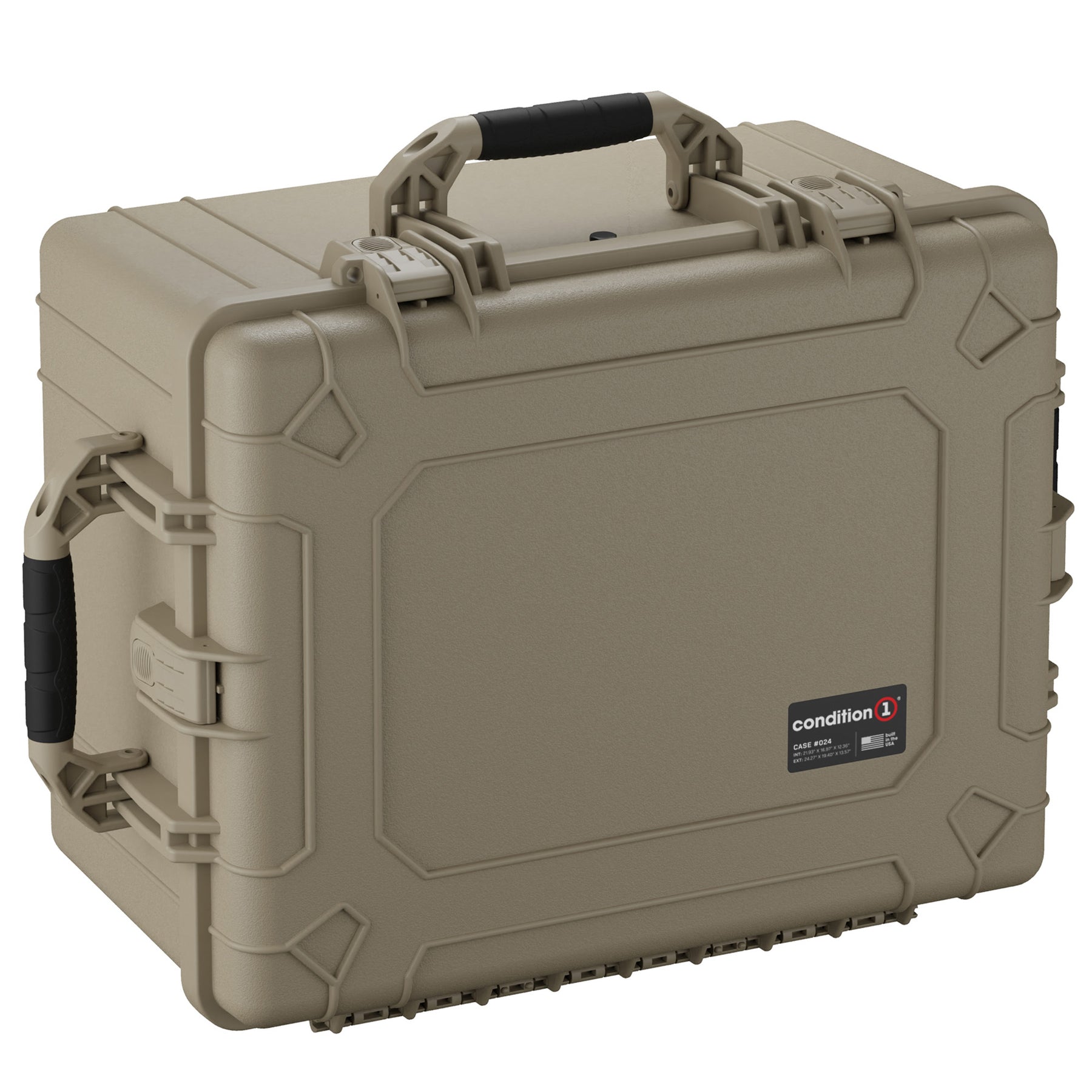 Alt text: "Desert tan 25-inch large hard case with sturdy double latches and a reinforced handle, designed for secure and durable protection of equipment, featuring Condition 1 branding."