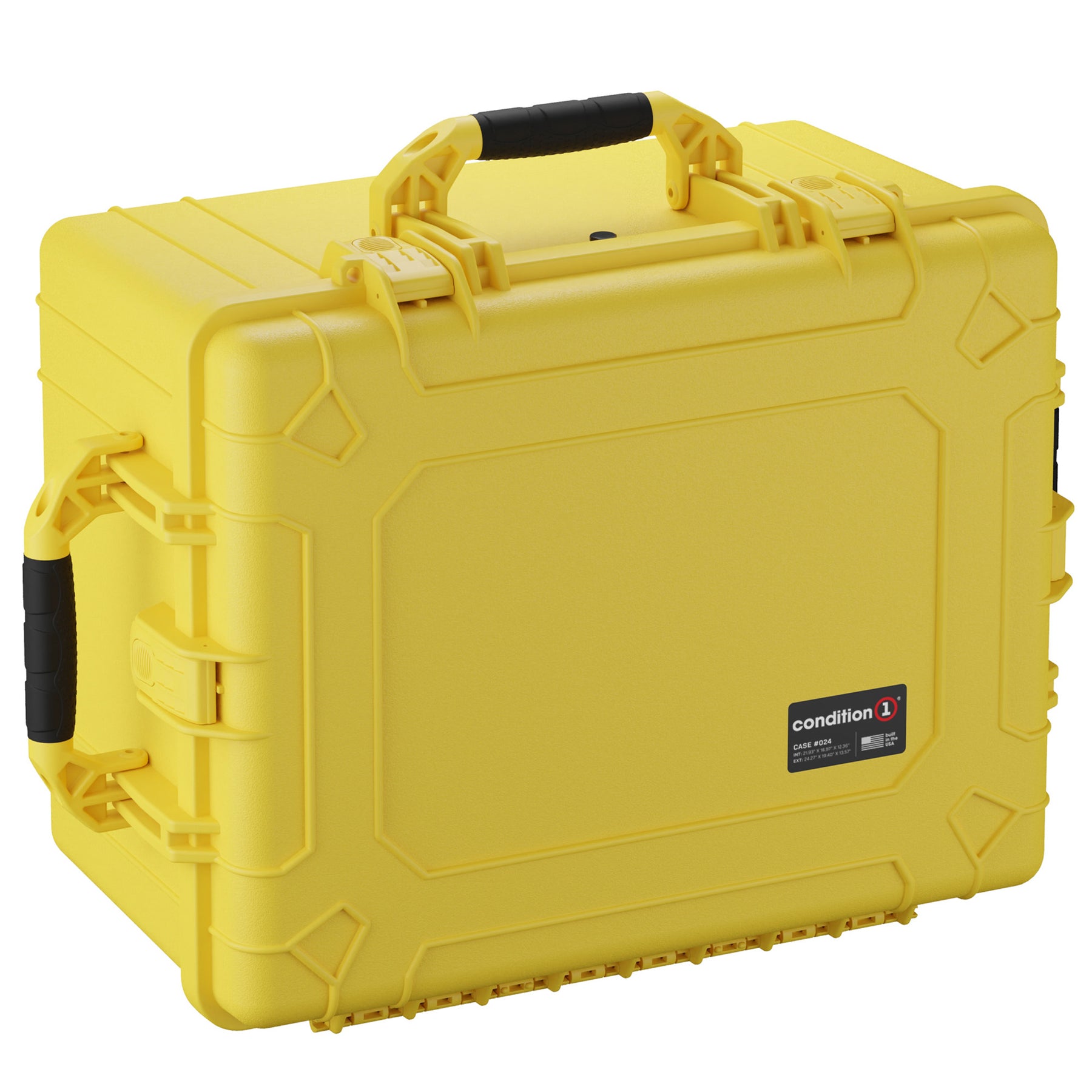 Alt text: "Yellow Condition 1 large protective hard case, 25 inches, with durable exterior, dual locking latches, and ergonomic handle for secure and comfortable carrying."