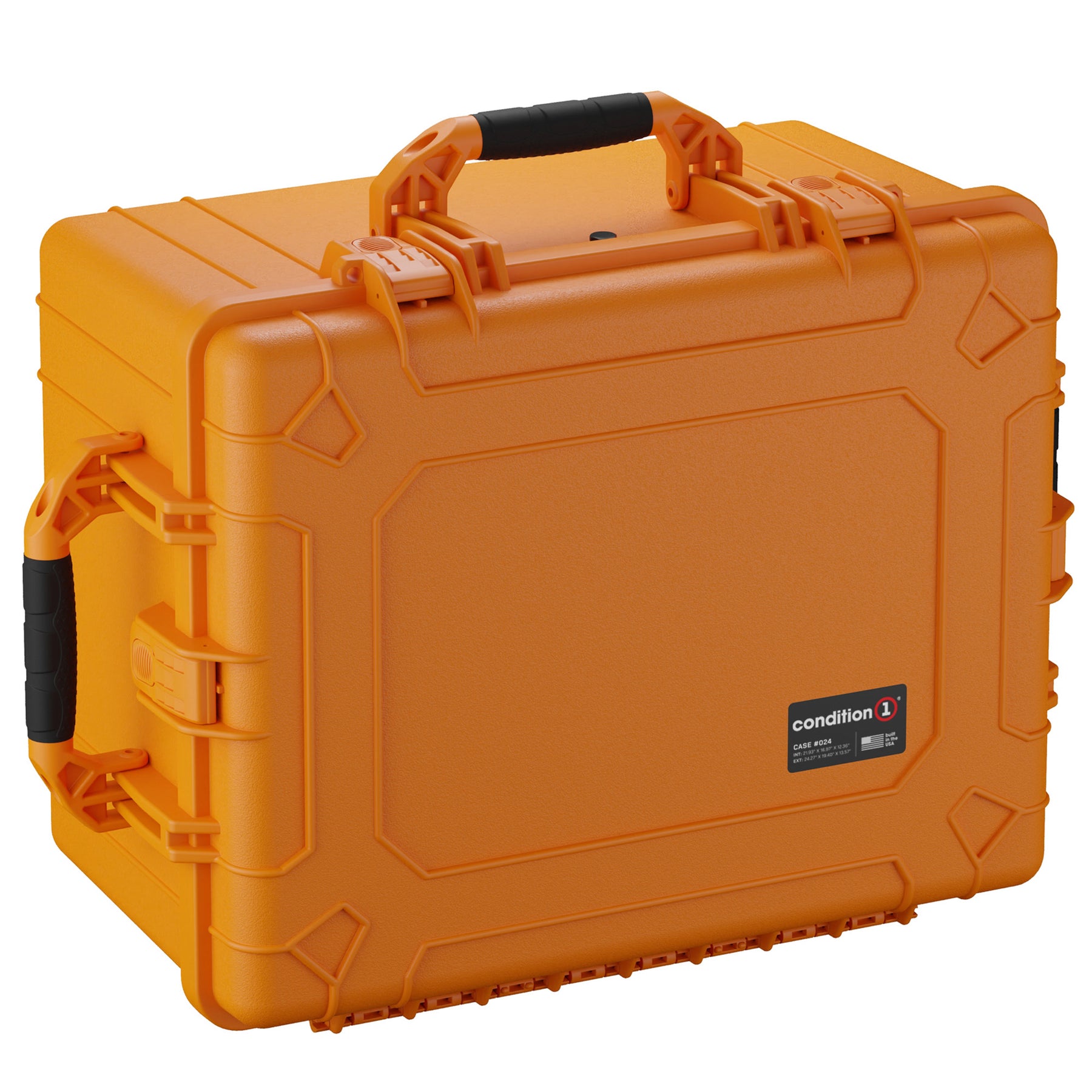 Alt text: Orange heavy-duty protective case, 25 inches, featuring a rugged exterior, padlock tabs, and a black handle with comfort grip, labeled as "Condition 1 Case 024."