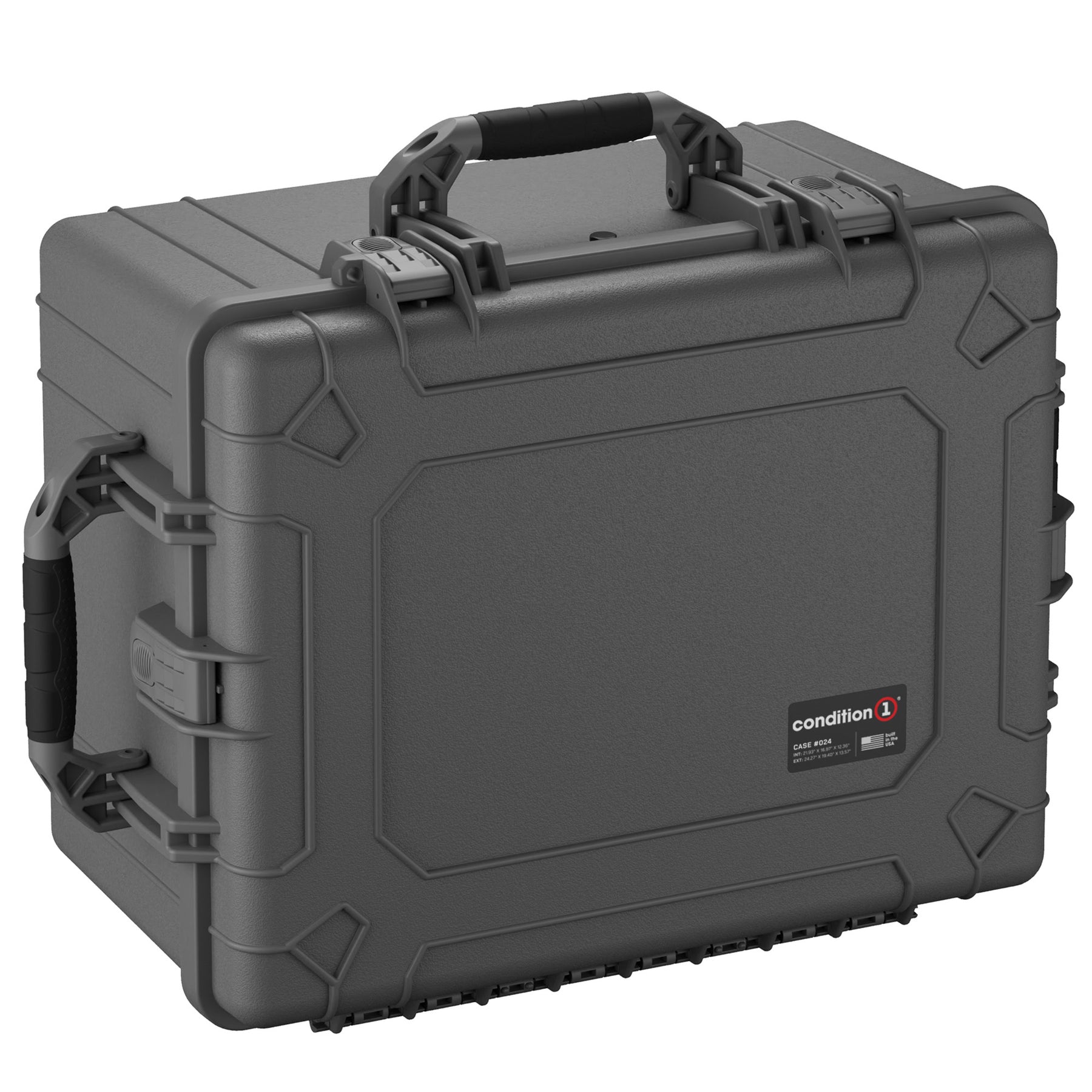 Gray rugged hard case, Condition 1 brand, 25 inches, with dual locking clasps and a sturdy handle for secure and comfortable carrying.