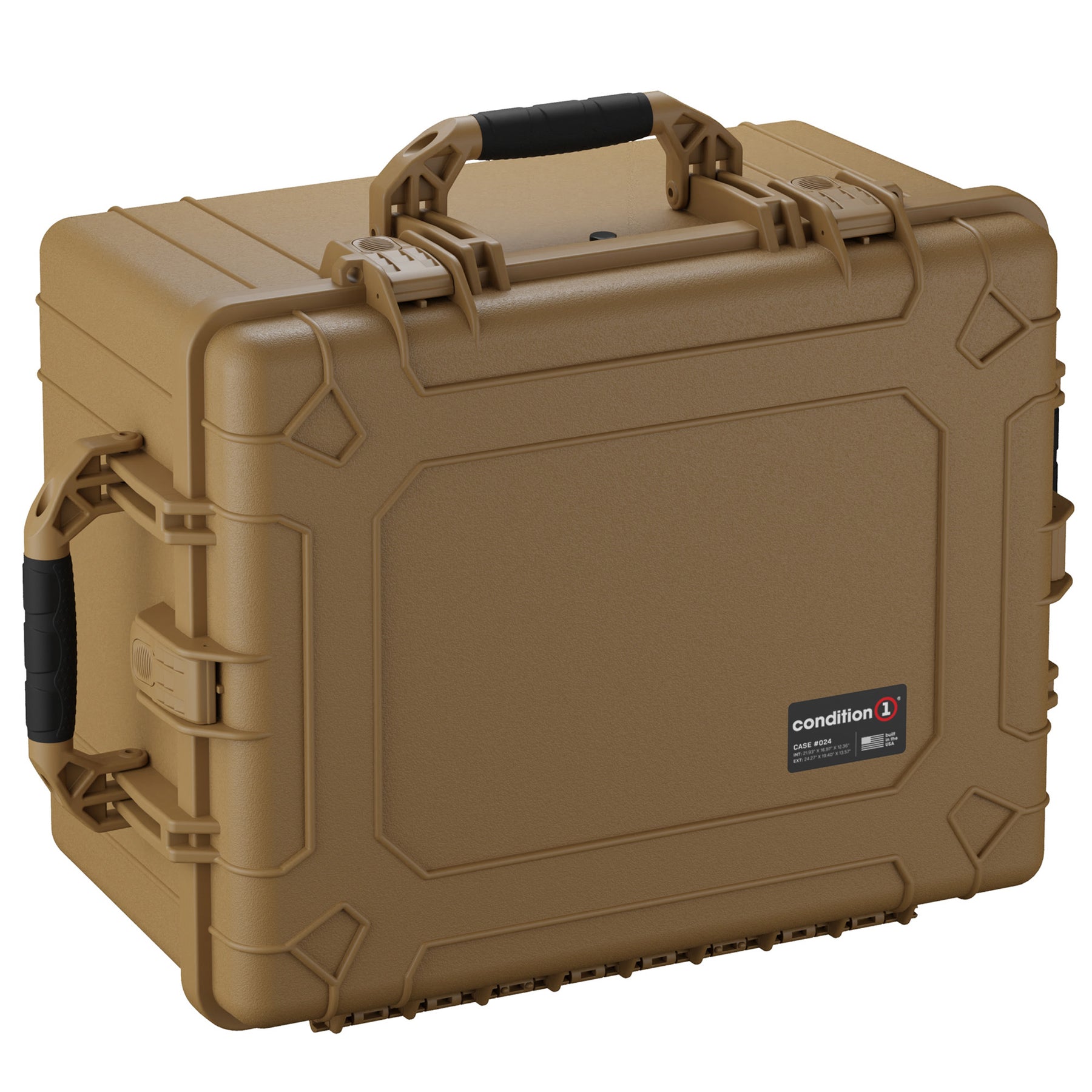 Alt text: "Durable tan 25-inch large hard case with sturdy handles and secure latches, labeled as Condition 1, ideal for protecting equipment."