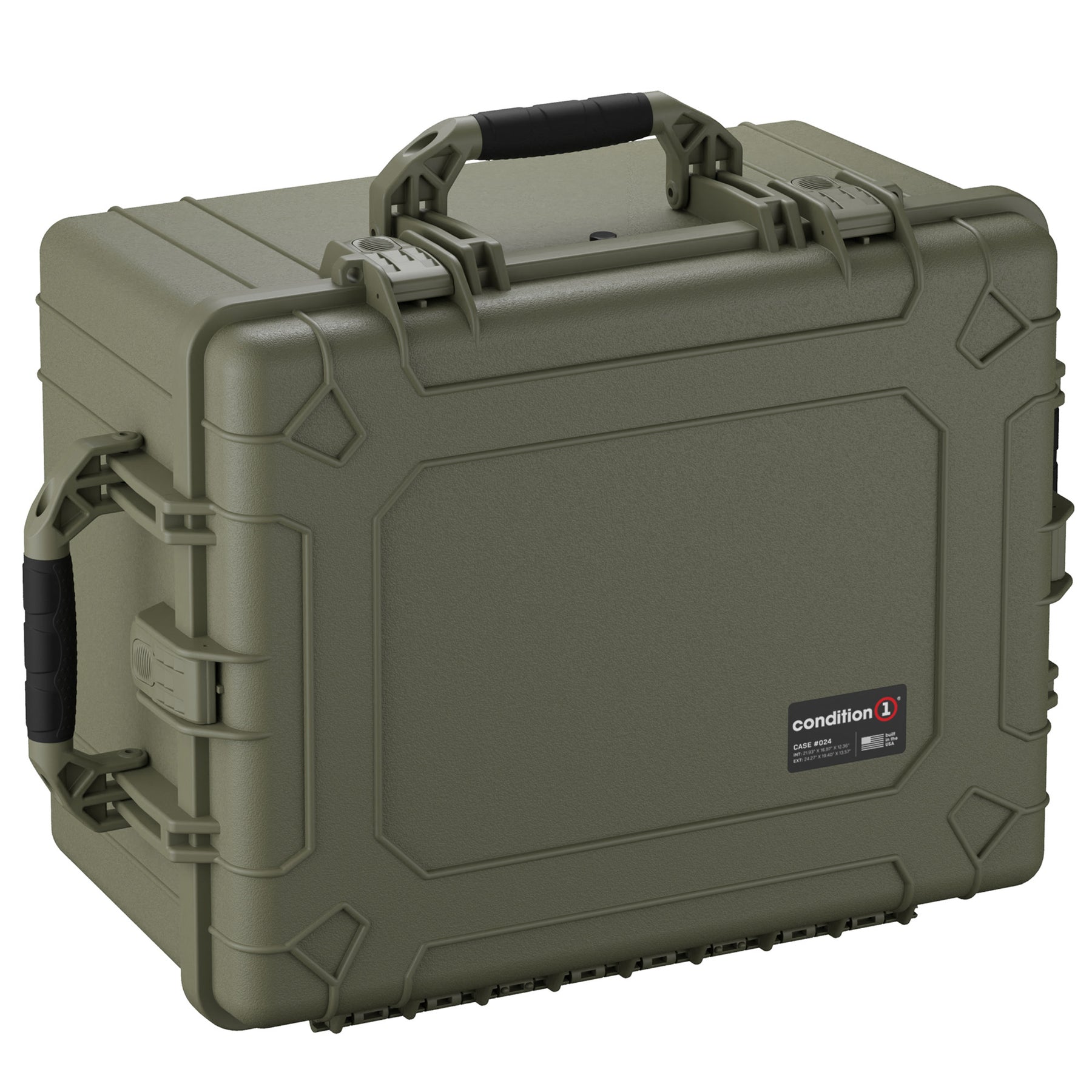 Olive green 25-inch large hard case with durable handles and secure latch closures, featuring reinforced corners and Condition 1 brand logo.