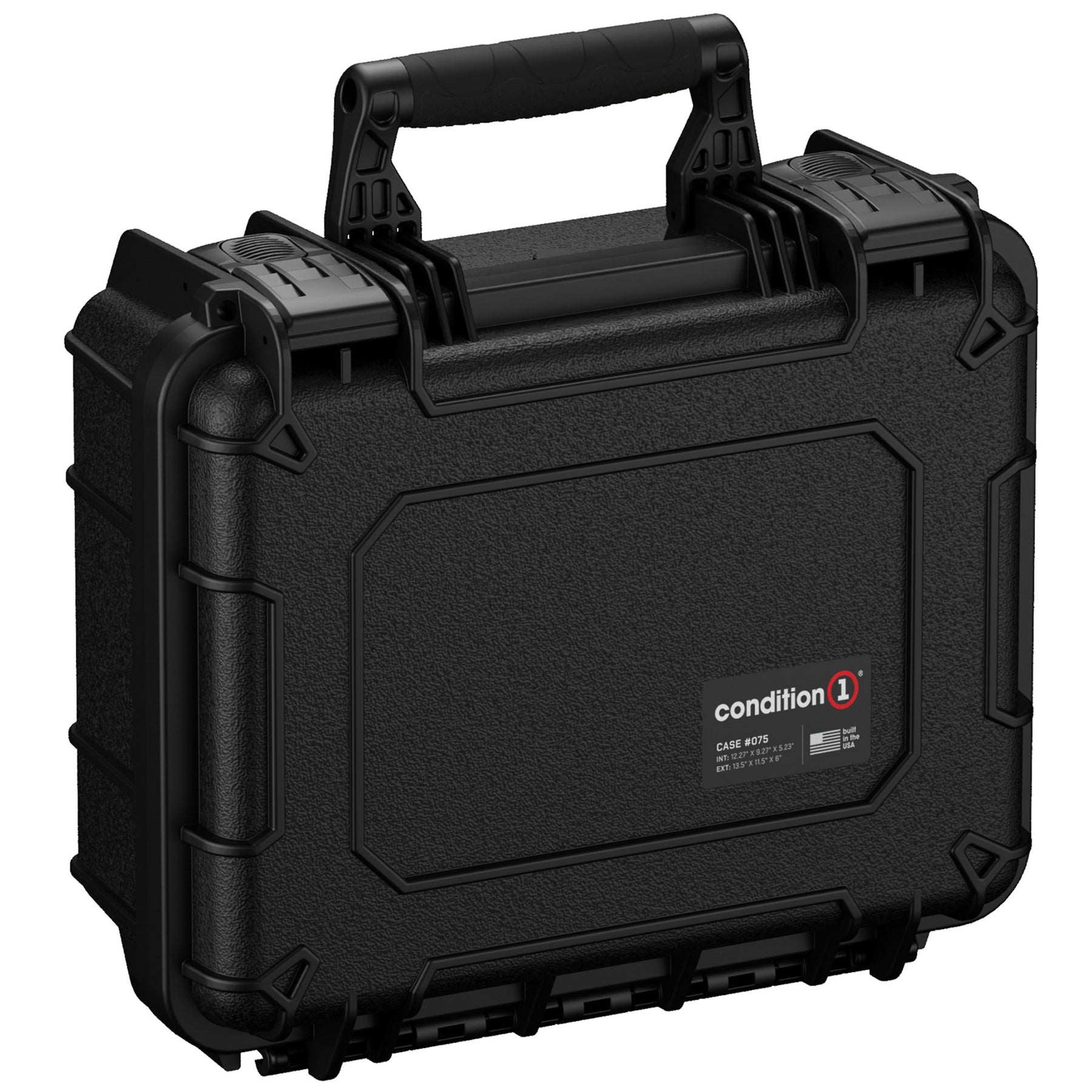 Alt text: "Durable black protective case, Condition 1 brand, model number 075, features robust handle and secure latches, ideal for protecting valuables and sensitive equipment, size 14 inches."