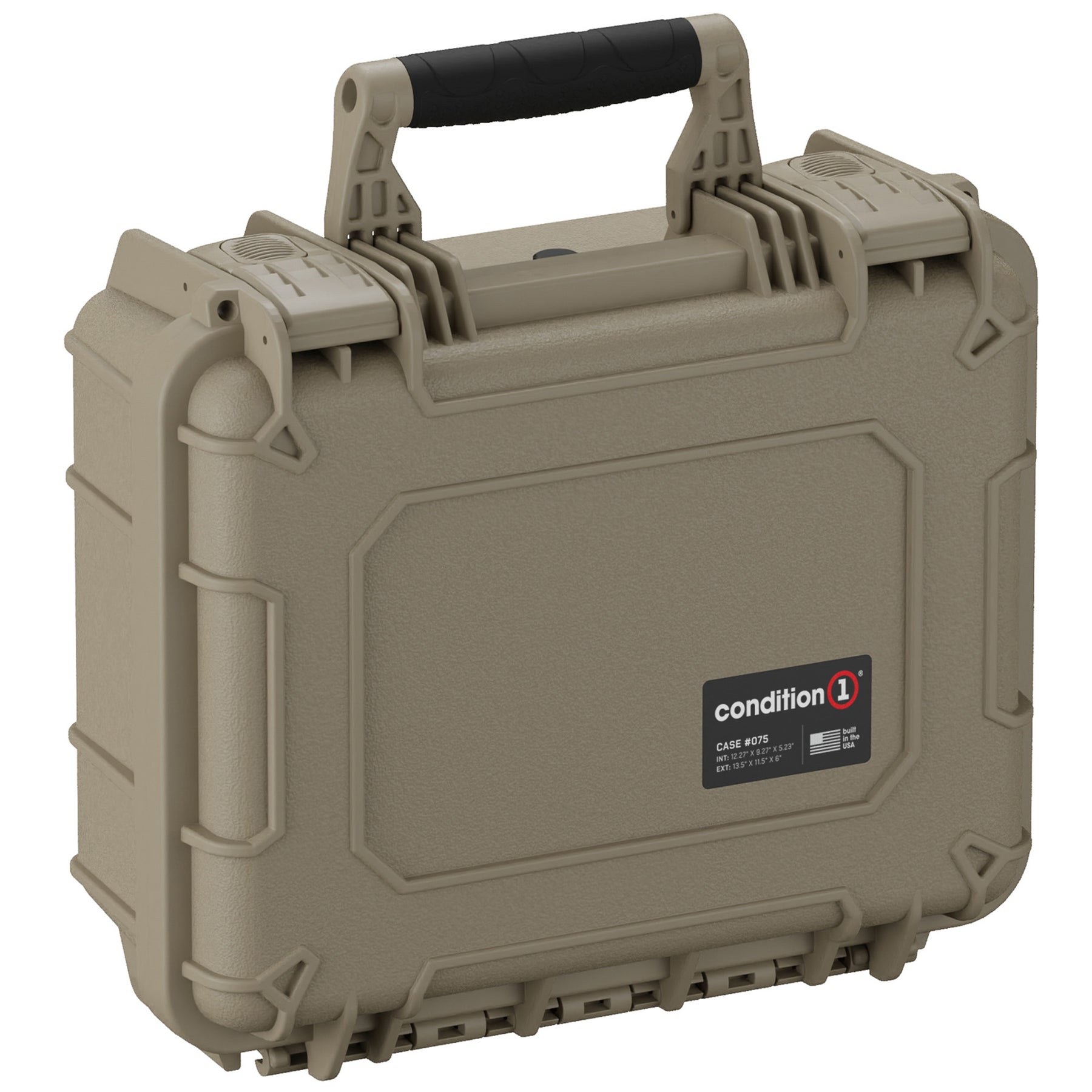 Alt text: "Khaki 14-inch medium-sized hard case by Condition 1, model number 075, featuring a durable handle, secure latches, and protective ridged design ideal for sensitive equipment storage."