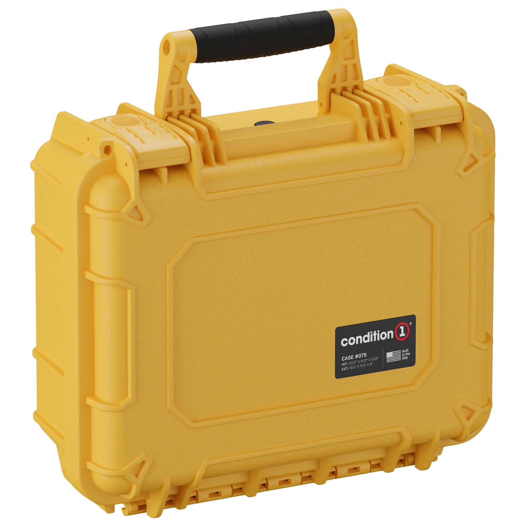 Yellow 14-inch medium protective case with black handle, labeled "condition 1," designed for durable storage and transport.