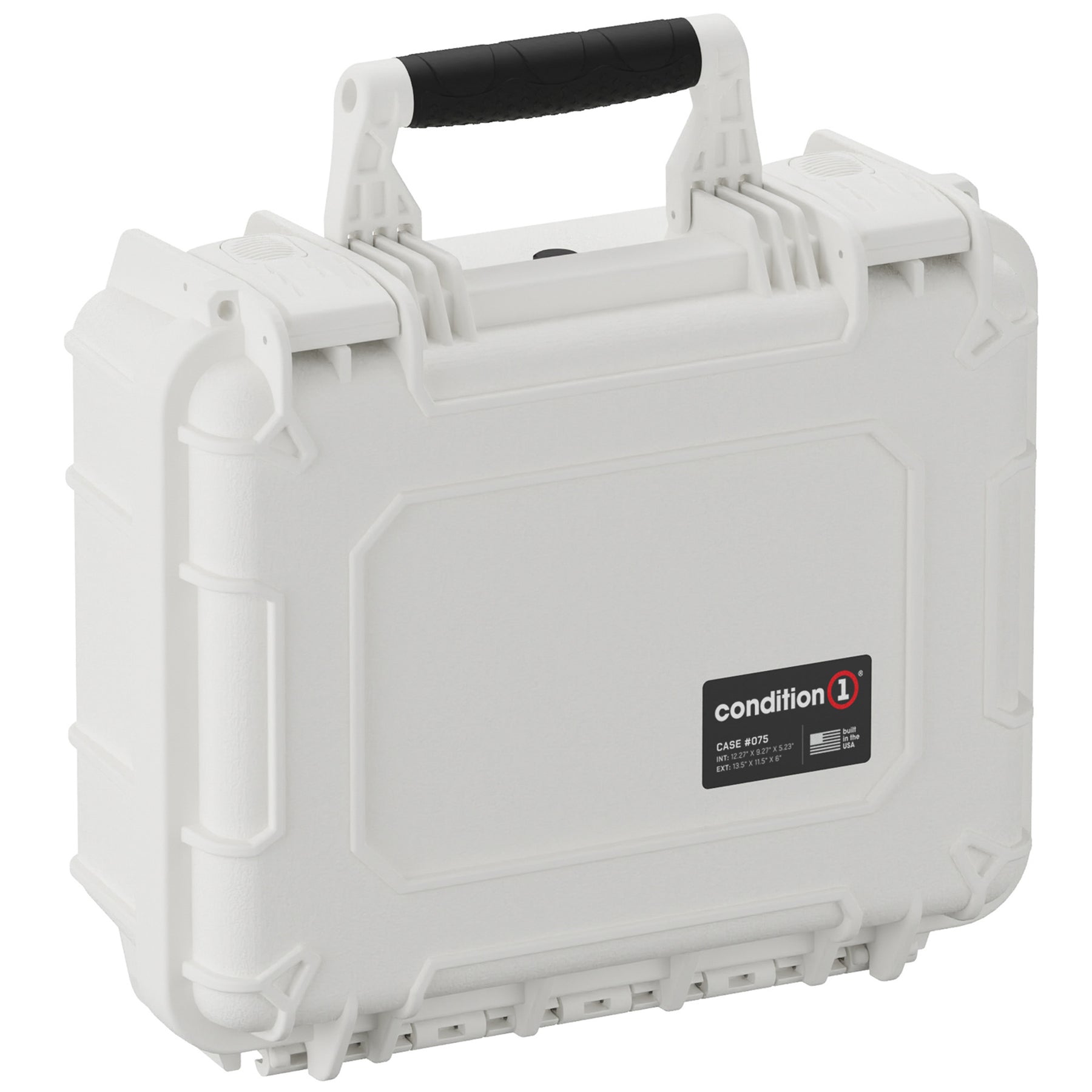 Alt text: "Condition 1 brand medium-sized protective hard case in white, model number 075, featuring durable exterior, sturdy black handle, and secure latch system, suitable for safeguarding equipment."