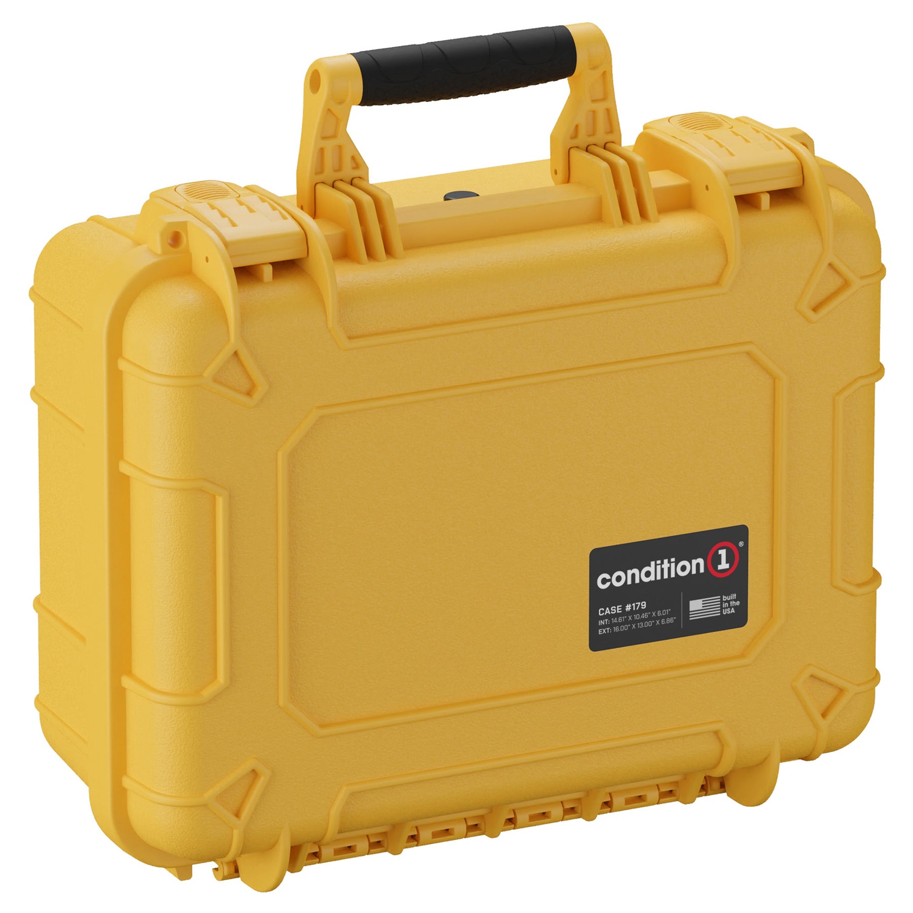 Yellow 16-inch medium protective case with black handle, labeled "condition 1," designed for durable storage and transport.