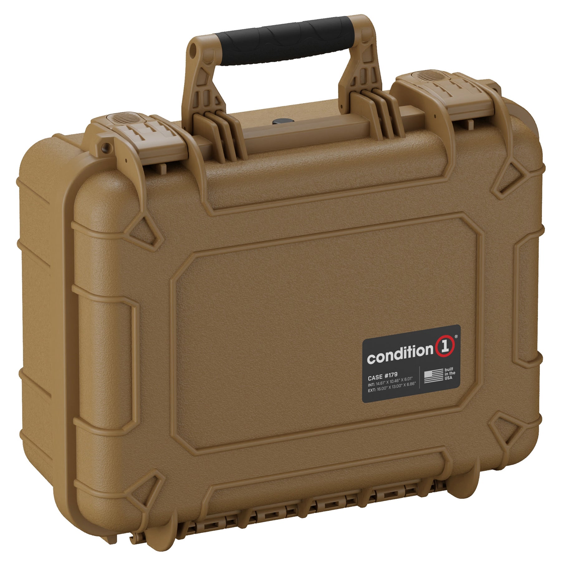 Alt text: "Condition 1 medium-sized, rugged protective case, model number 179, in tan color, featuring sturdy handles and secure latches, designed for durability and secure storage of equipment."