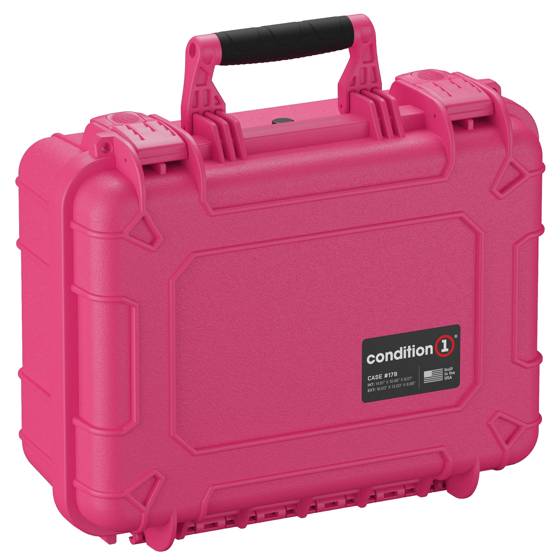 Bright pink 16-inch hard shell protective case for four pistols, featuring a black handle, secure latches, and a Condition 1 brand logo.