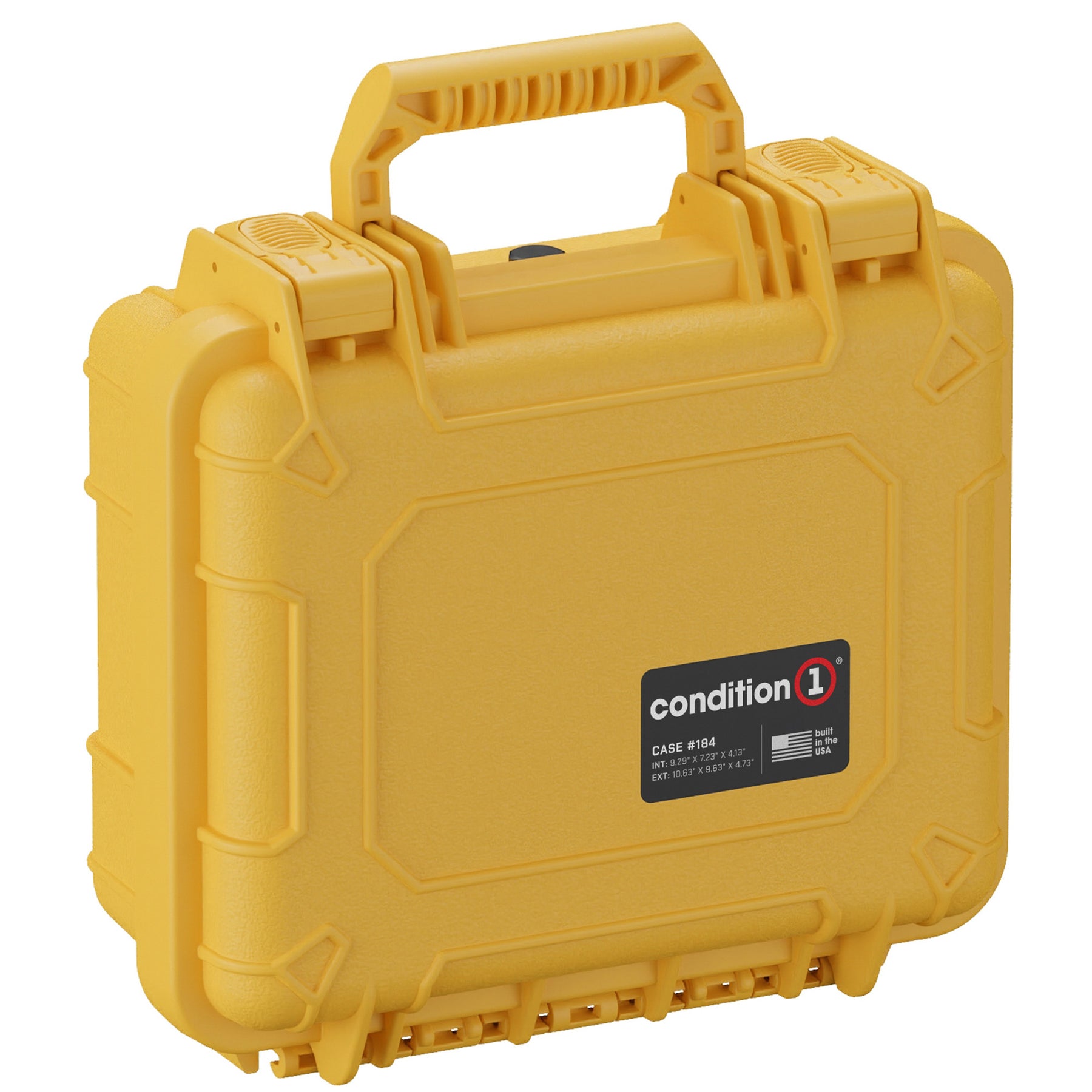 Yellow 11-inch small protective case with a handle, labeled "condition 1" for storing tools or equipment.
