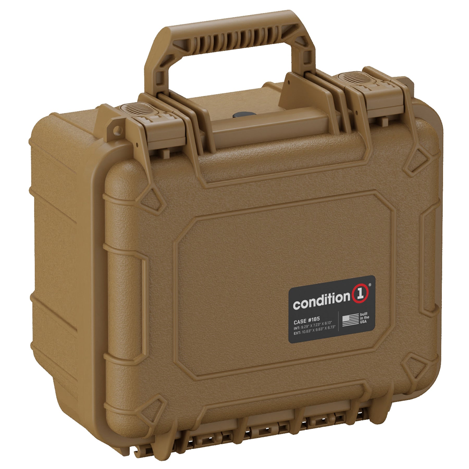 Tan rugged hard case, model number 185, with sturdy handle and secure clasps, featuring a Condition 1 brand logo on the front.