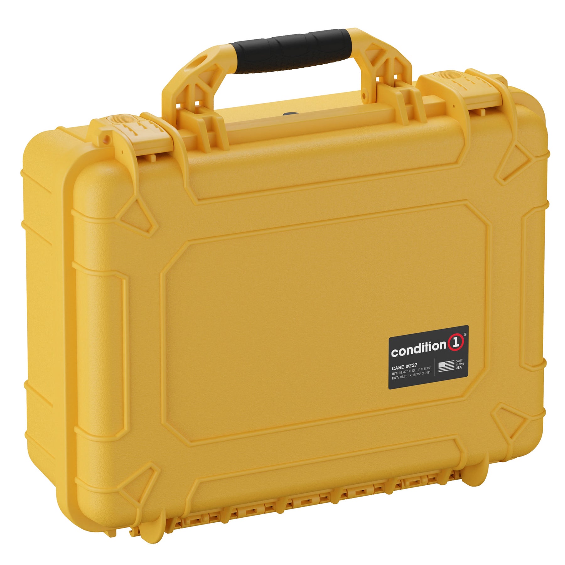 Yellow 20-inch large protective case with black handle and secure latches, labeled "condition 1" on the front.