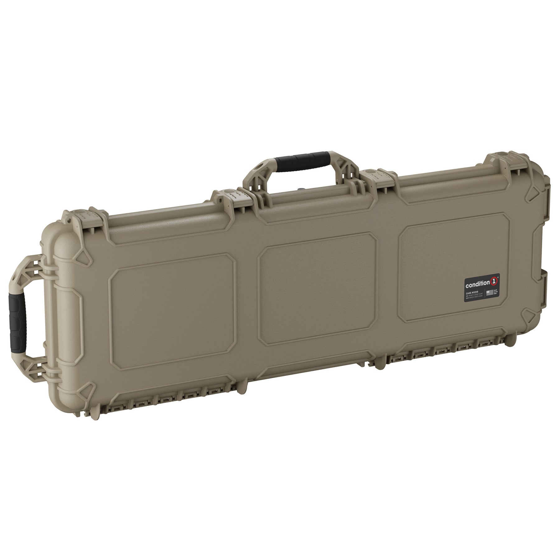 45-inch tan AR10 rifle case with reinforced edges, handle, and secure latches, designed for firearm storage and transport.