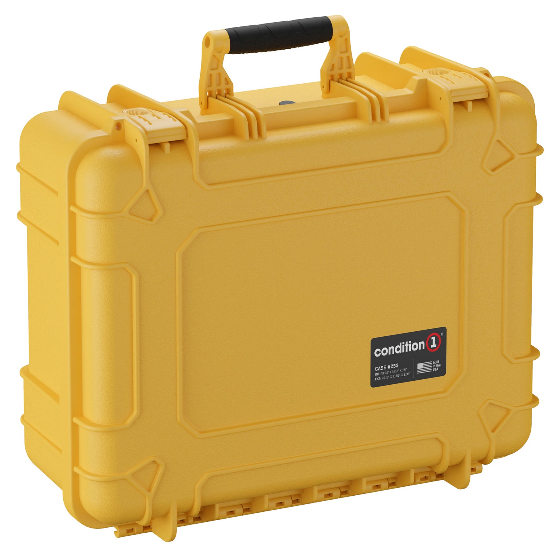 Yellow 20-inch large protective case with black handle, designed for durable storage and transport.