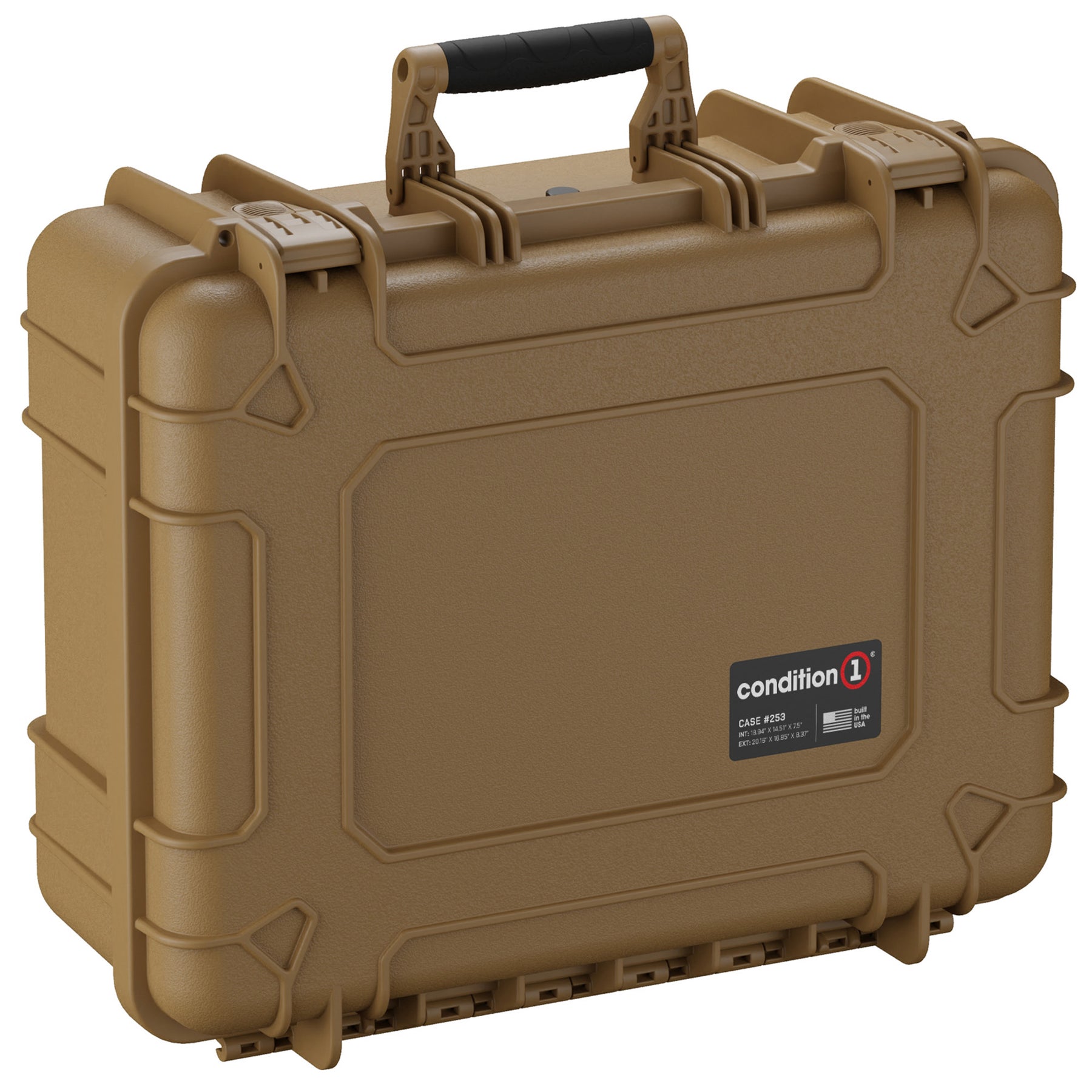 Alt text: Large tan protective hard case, 20 inches, model number 253, featuring a rugged design with reinforced corners, dual sturdy handles, and a logo on the side.