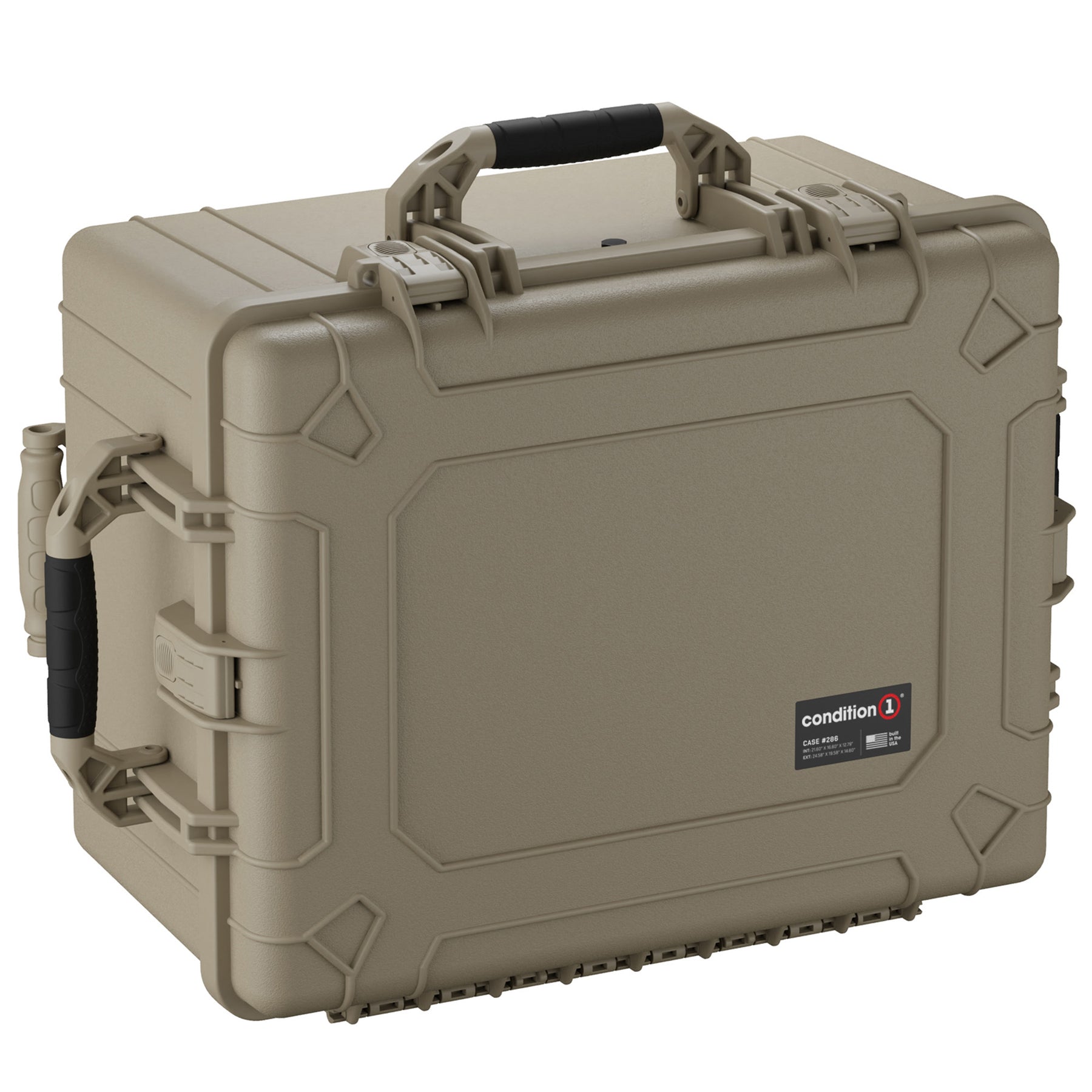 Alt text: "Condition 1 large 25-inch hard case in desert tan color, featuring durable latches, a rugged handle, and reinforced corners for optimal protection."