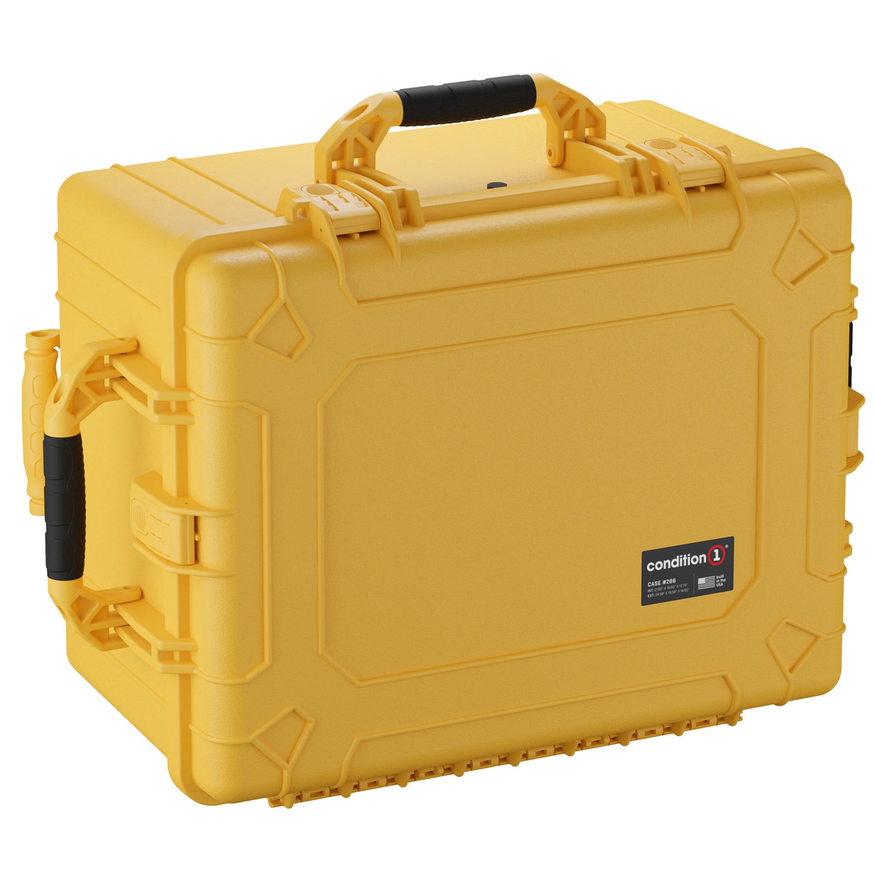 Yellow 25-inch large protective case with black handle and secure latches, designed for durable storage and transport.