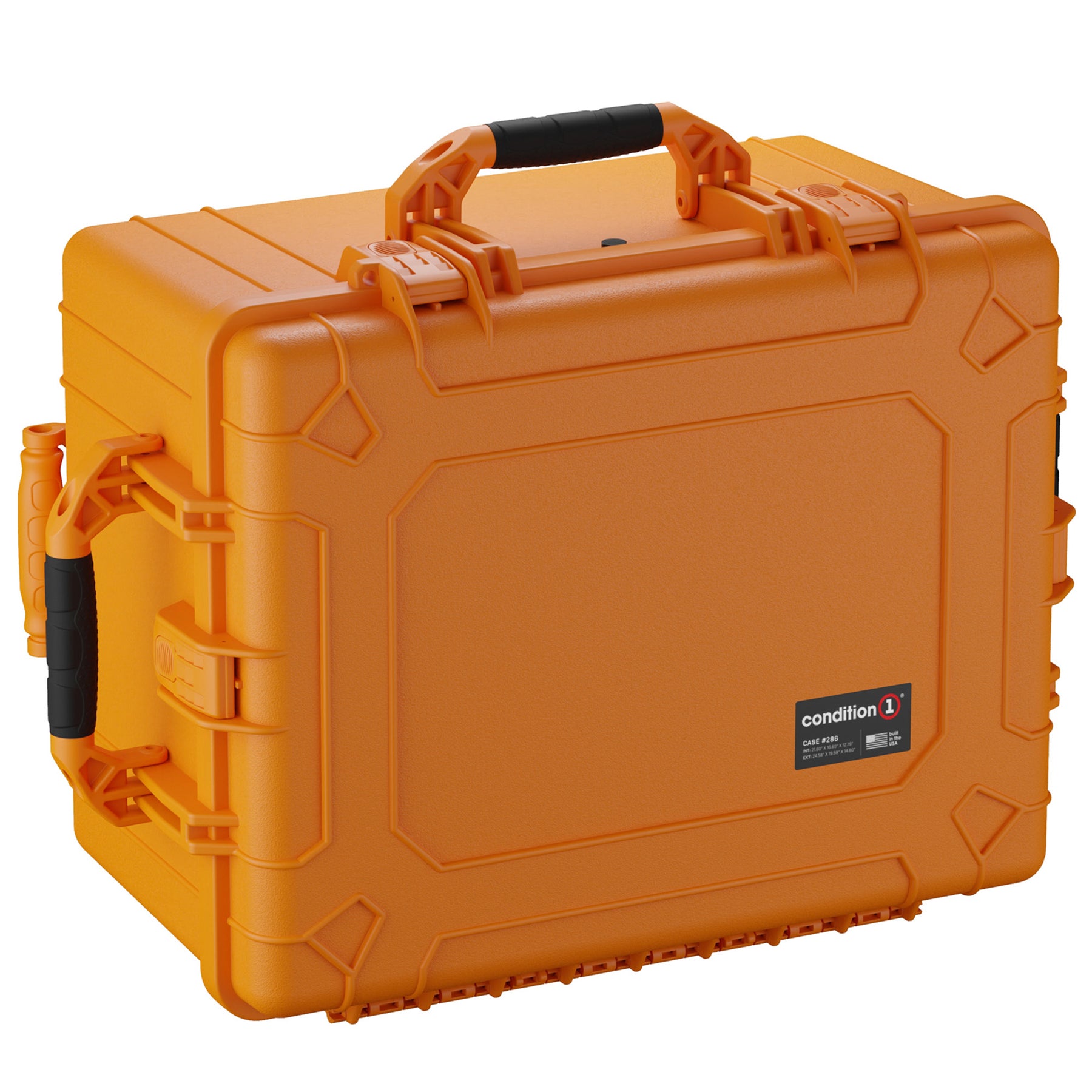 Alt text: "Large orange protective hard case, model number 286, featuring rugged exterior, sturdy black handles, and secure latches, ideal for transporting and storing valuable equipment safely."