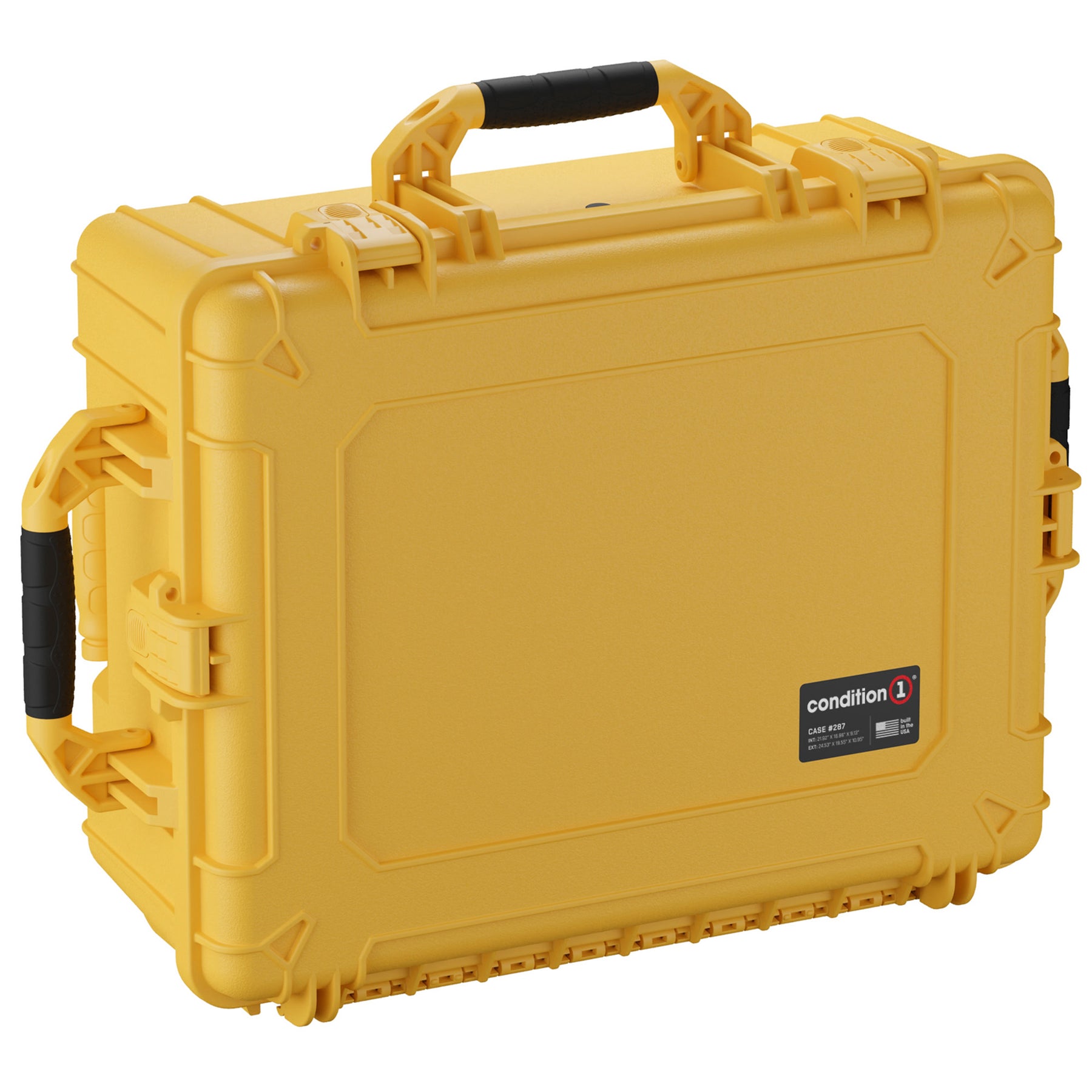 Yellow 25-inch large protective case with black handle and secure latches, designed for durable storage and transport.