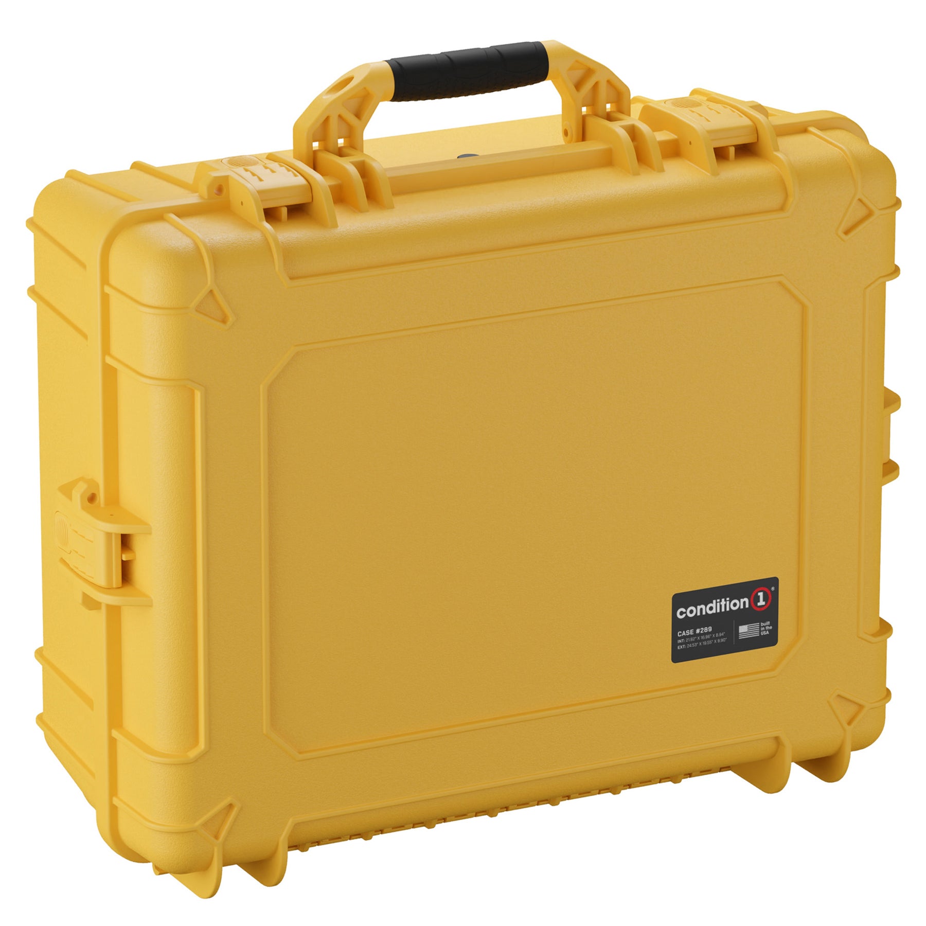 Yellow 25-inch large protective case with black handle and secure latches, labeled "condition 1" on the front.