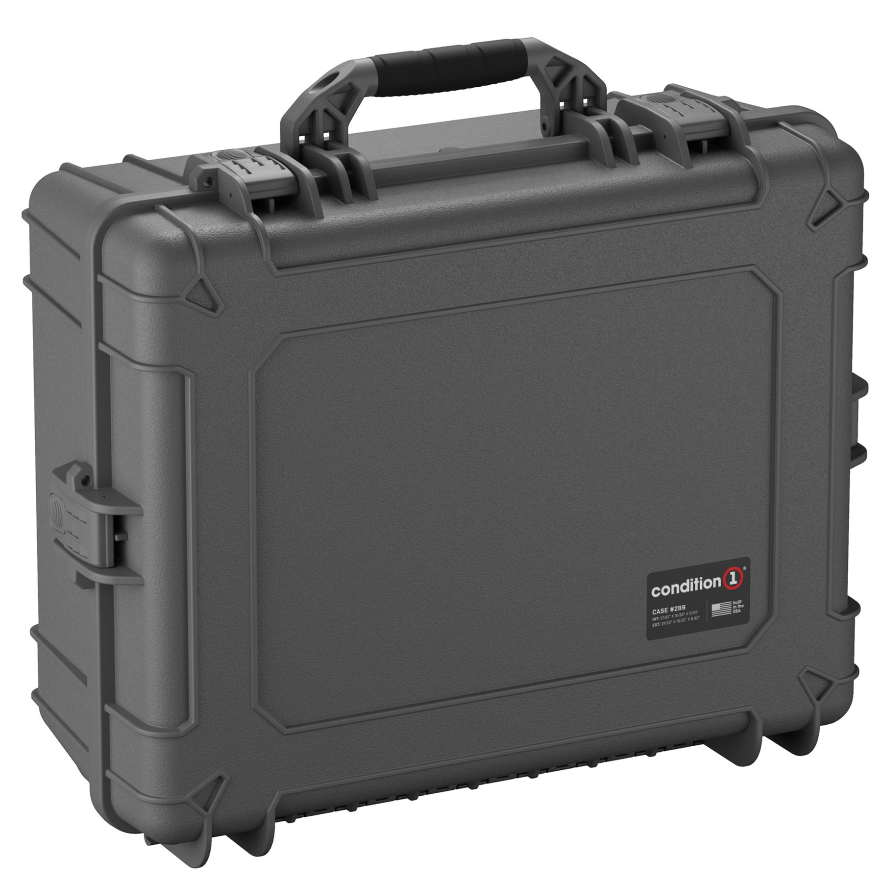 Alt text: "Large 25-inch protective hard case in gray, model number 289, designed by Condition 1, featuring sturdy handles and secure lock fittings ideal for safeguarding equipment."