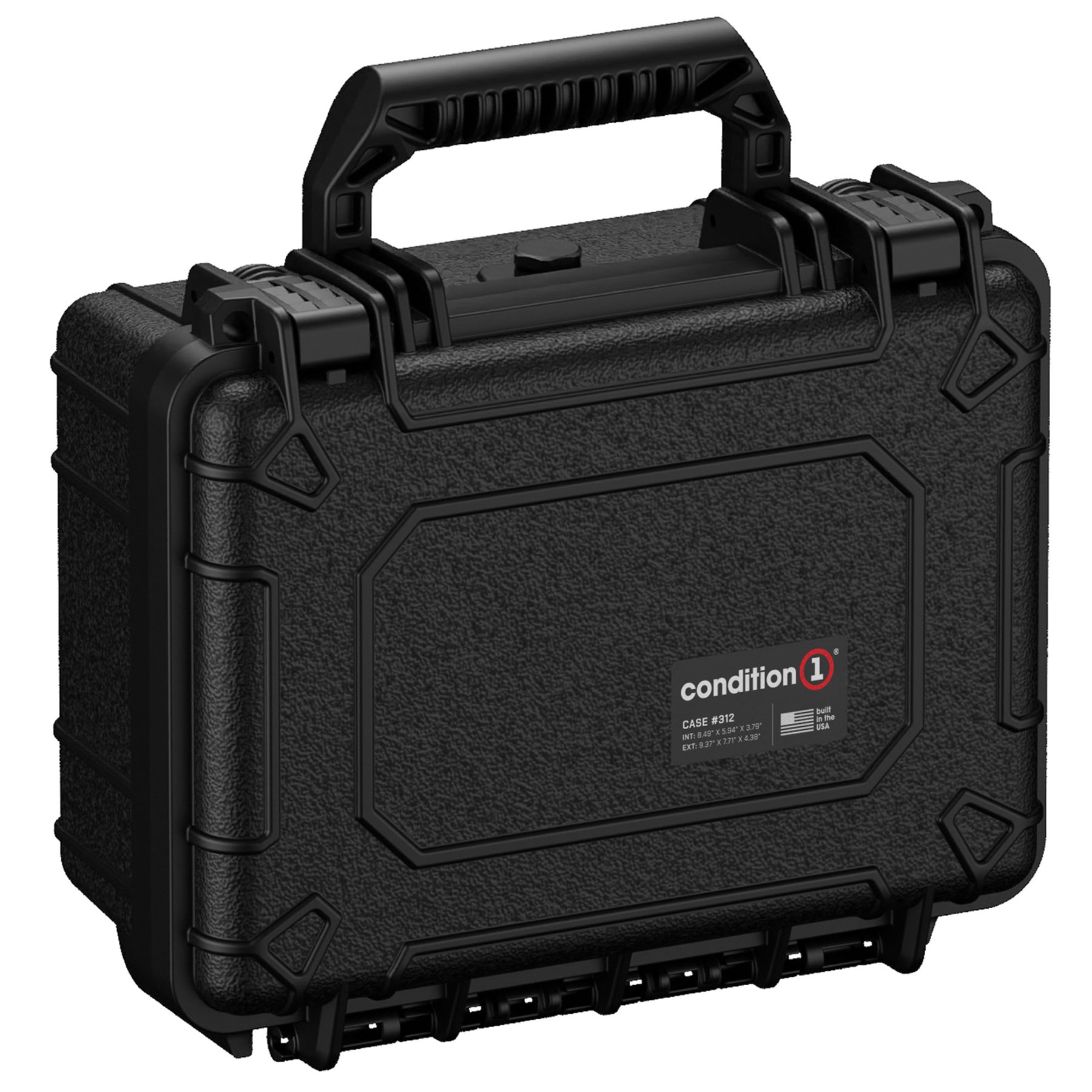 Alt text: "Black rugged hard case, Condition 1 brand, model number 312, with durable handle and secure latches, suitable for protective storage and transportation of sensitive equipment."