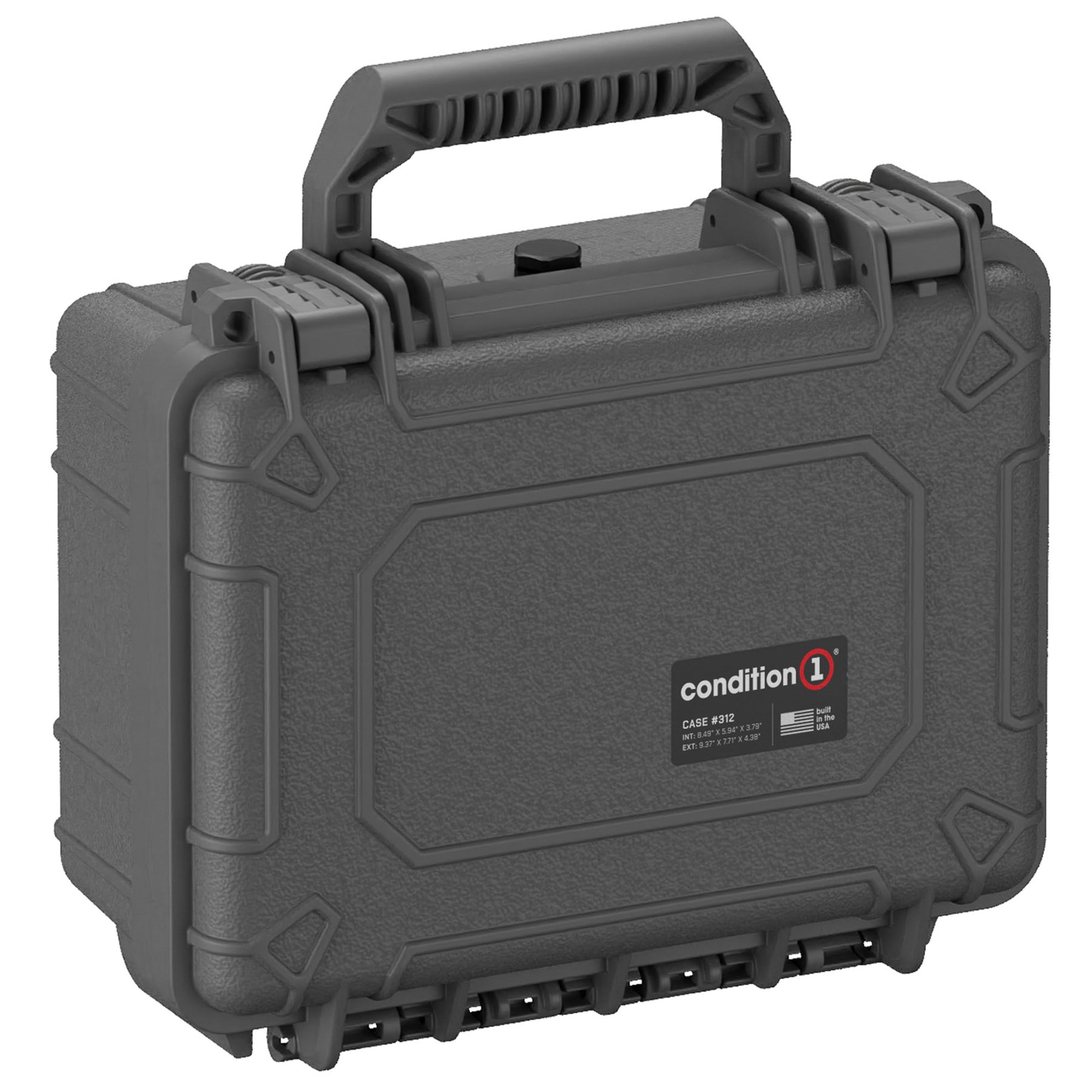 Alt text: "Condition 1 small hard case, model number 312, in gray with dual latch system and a rugged handle, measuring 10 inches."