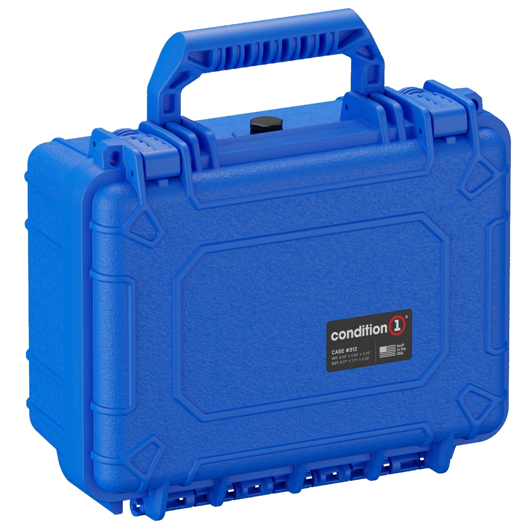 Alt text: "Bright blue durable protective case, 10 inches, model number 312 by Condition 1, with sturdy handle and secure latches, isolated on a white background."