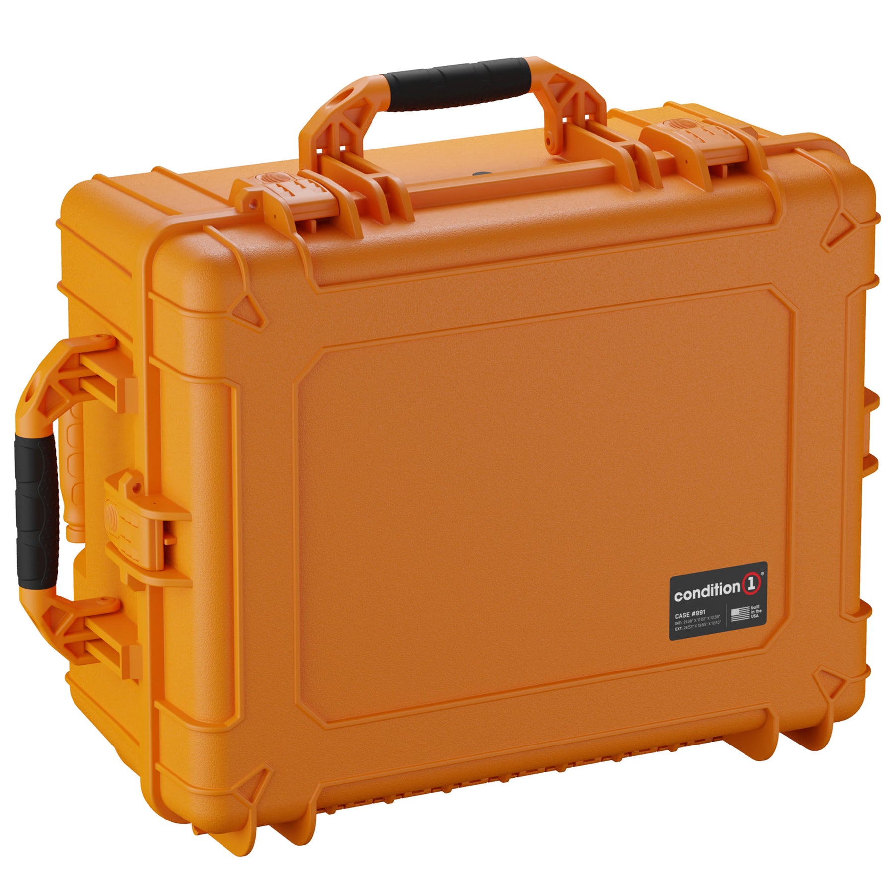 Alt text: "Bright orange, rugged protective hard case, 25 inches, featuring a robust handle and secure latches, model number 991 by Condition 1."