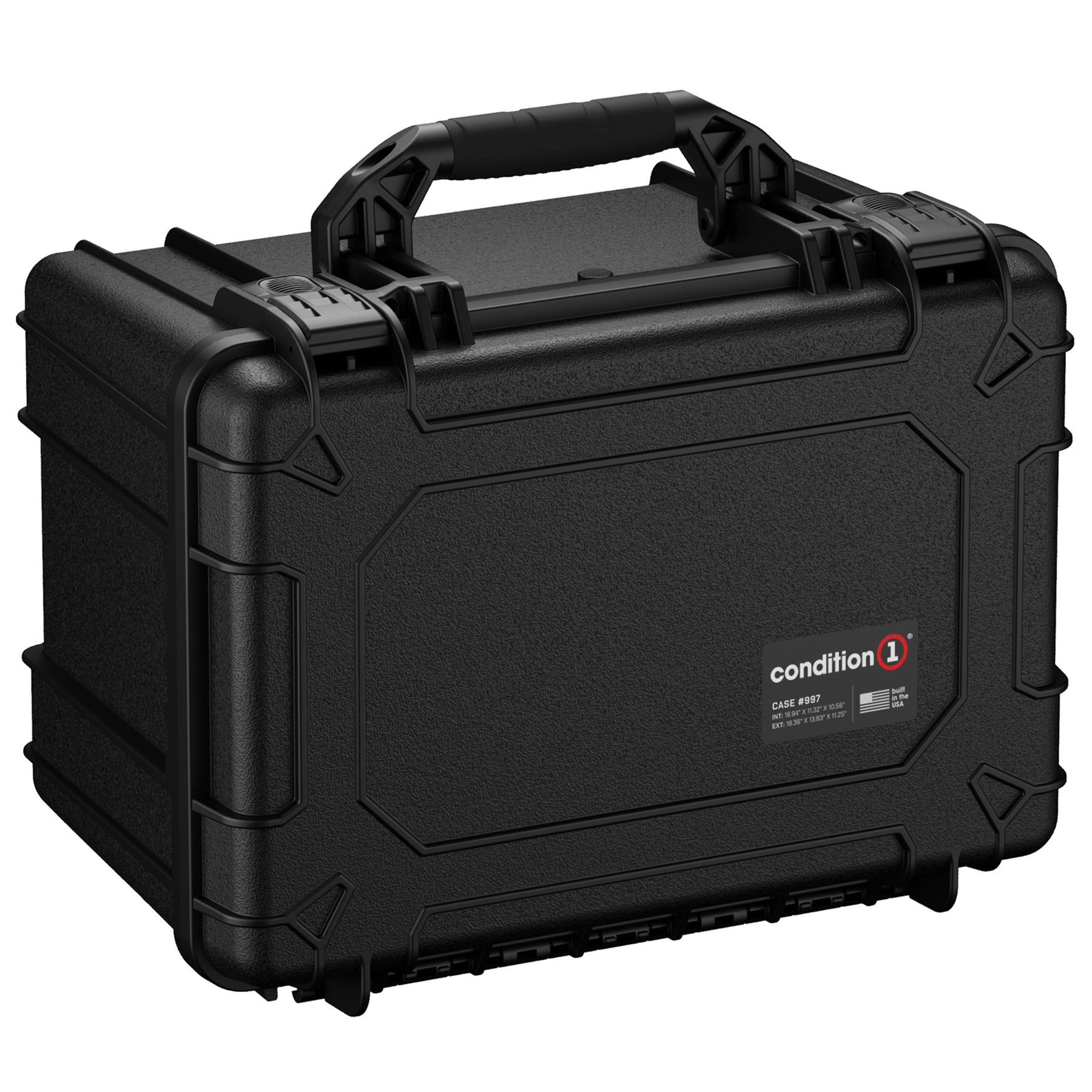Alt text: "Black Condition 1 hard protective case, model 997, designed for storing up to 7 pistols, featuring a sturdy handle and secure clasps, viewed from a front angle."