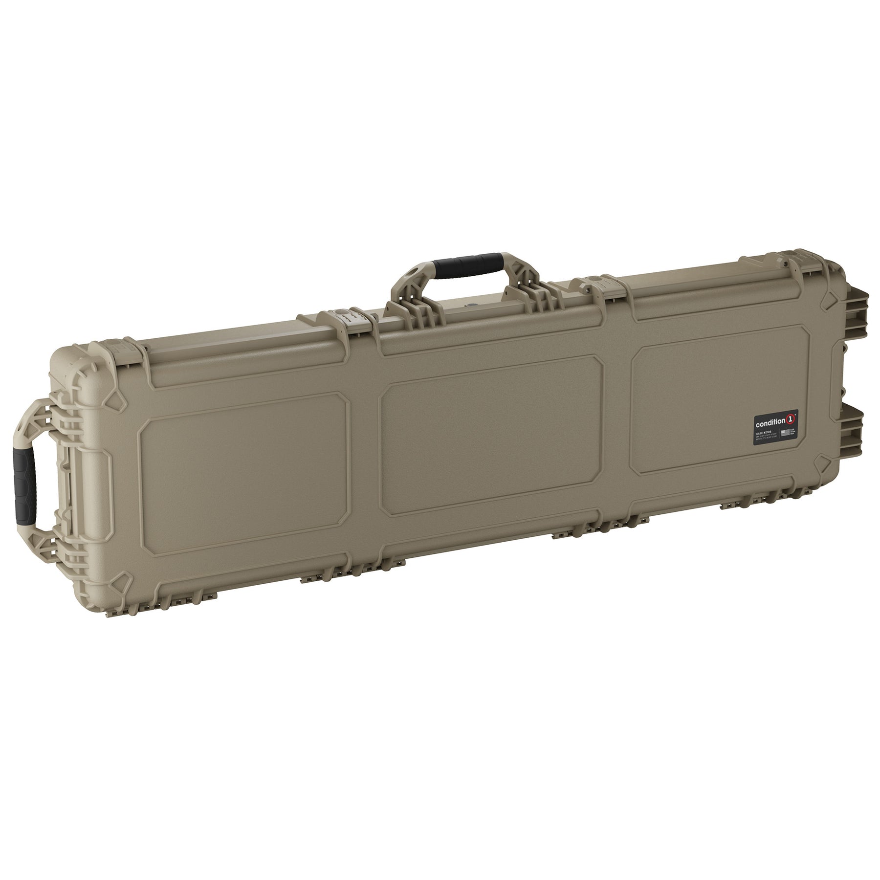 Long beige protective case measuring 55 inches, with a handle and secure latches, designed for durable storage and transport.