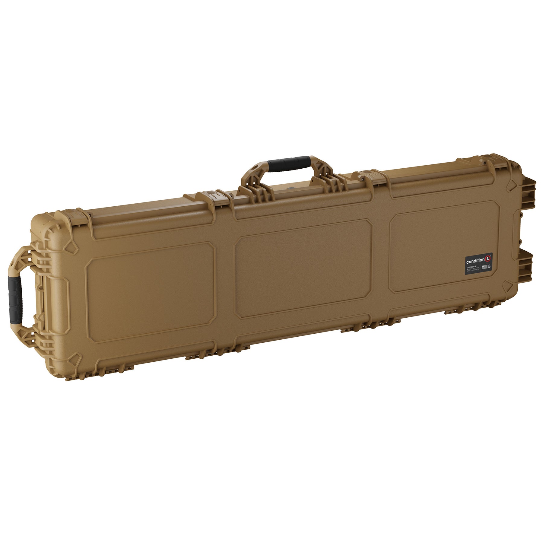 Long tan protective case, 55 inches in length, with handle and secure latches, designed for durable transport of equipment.