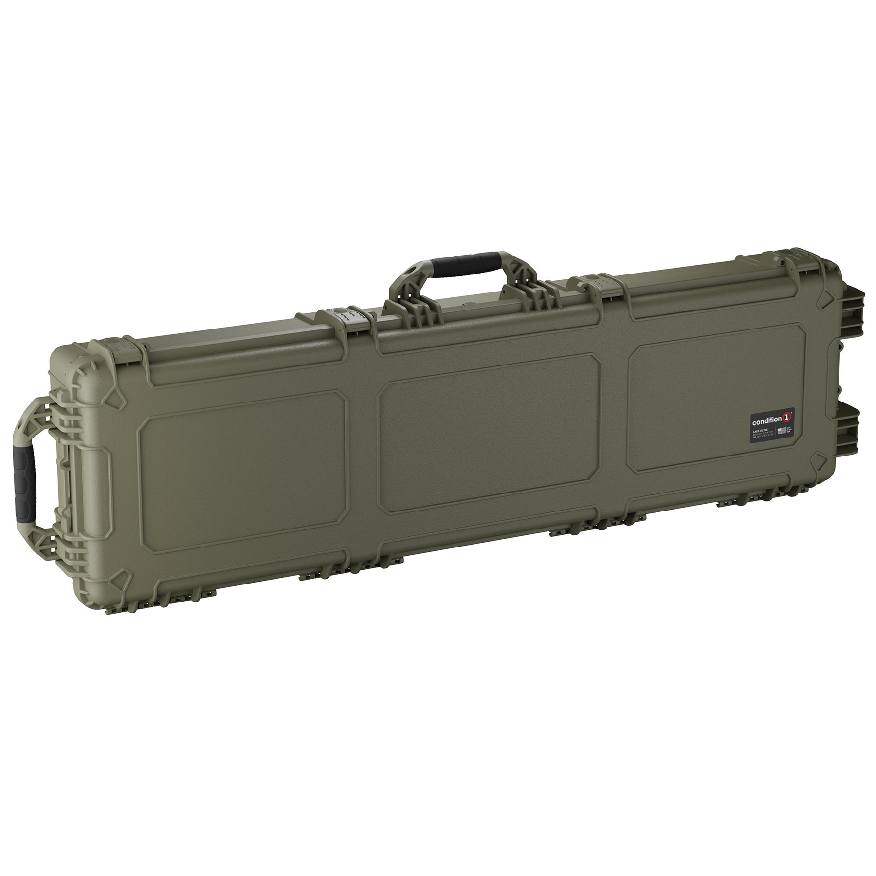 Olive green, 55-inch long protective case with handle and secure latches, designed for durable storage and transport.