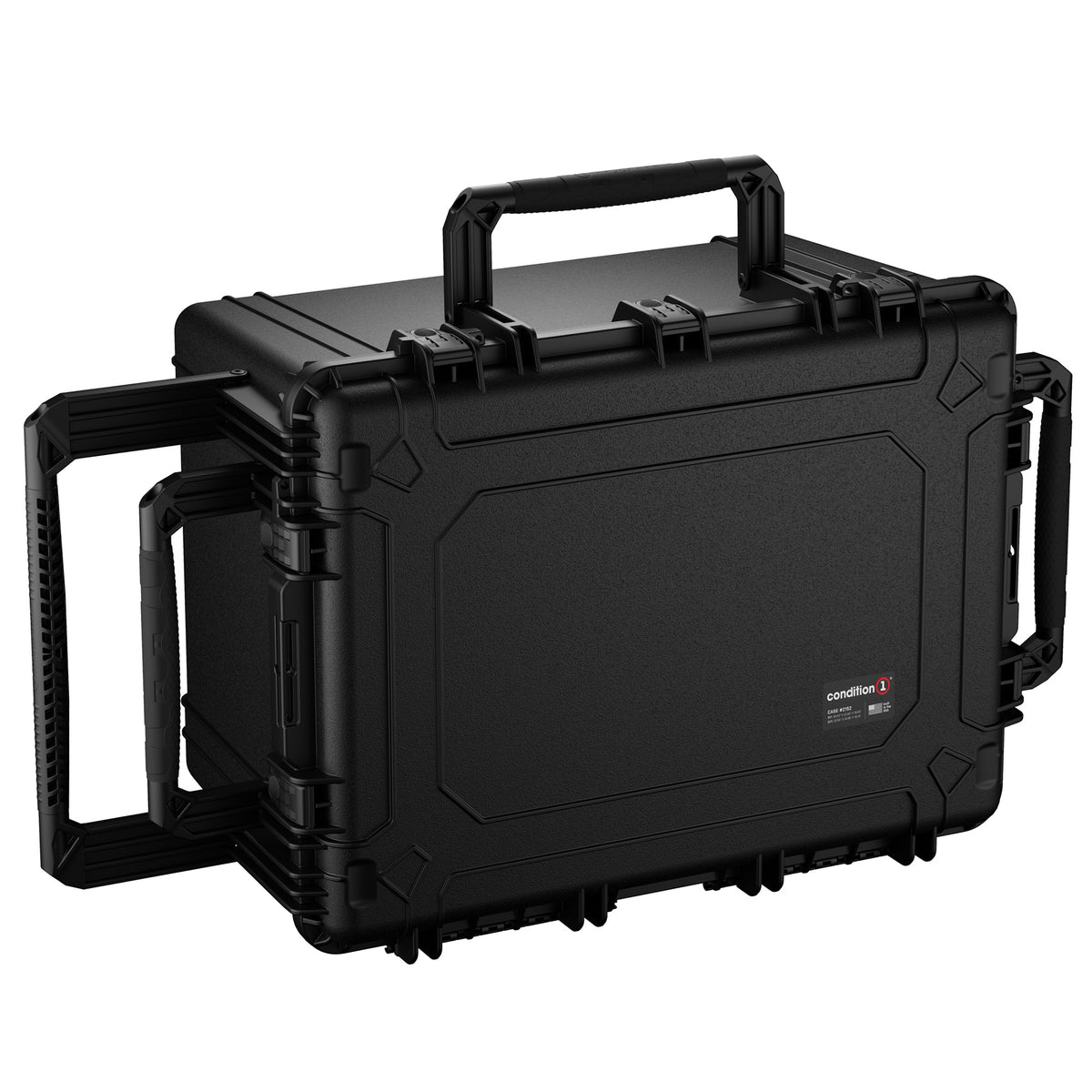 Alt text: Black Condition 1 hard case, model #2152, featuring a rugged design with reinforced corners, dual locking clasps, and a durable handle, sized 33 inches for secure storage and transportation.