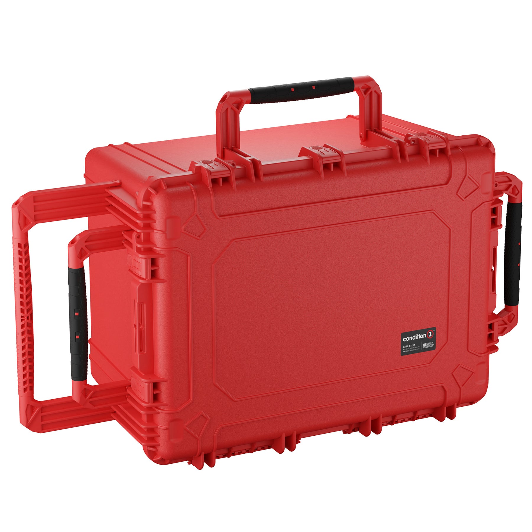 Red heavy-duty protective case, 33 inches, featuring rugged handles and reinforced corners, ideal for secure equipment storage and transportation.